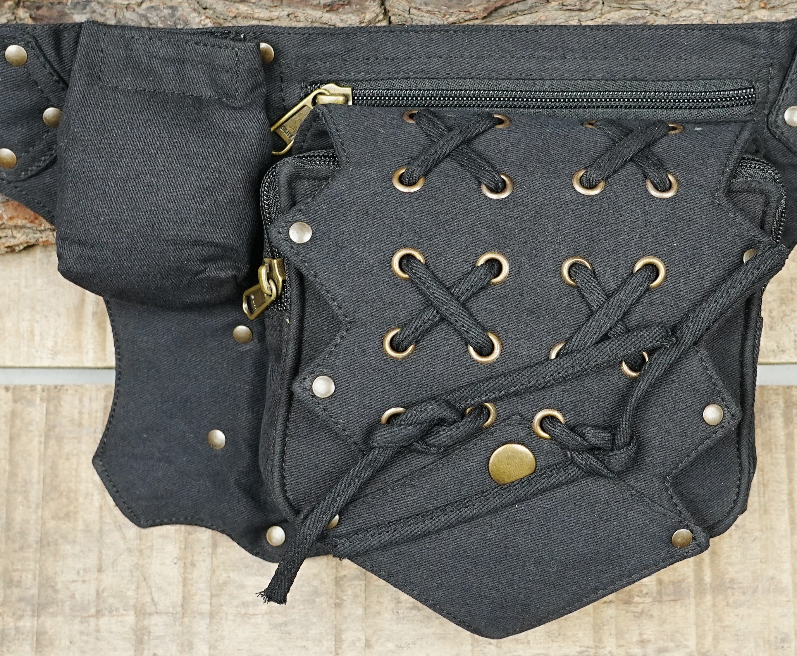 Handmade black steampunk waist bag and festival hip pouch