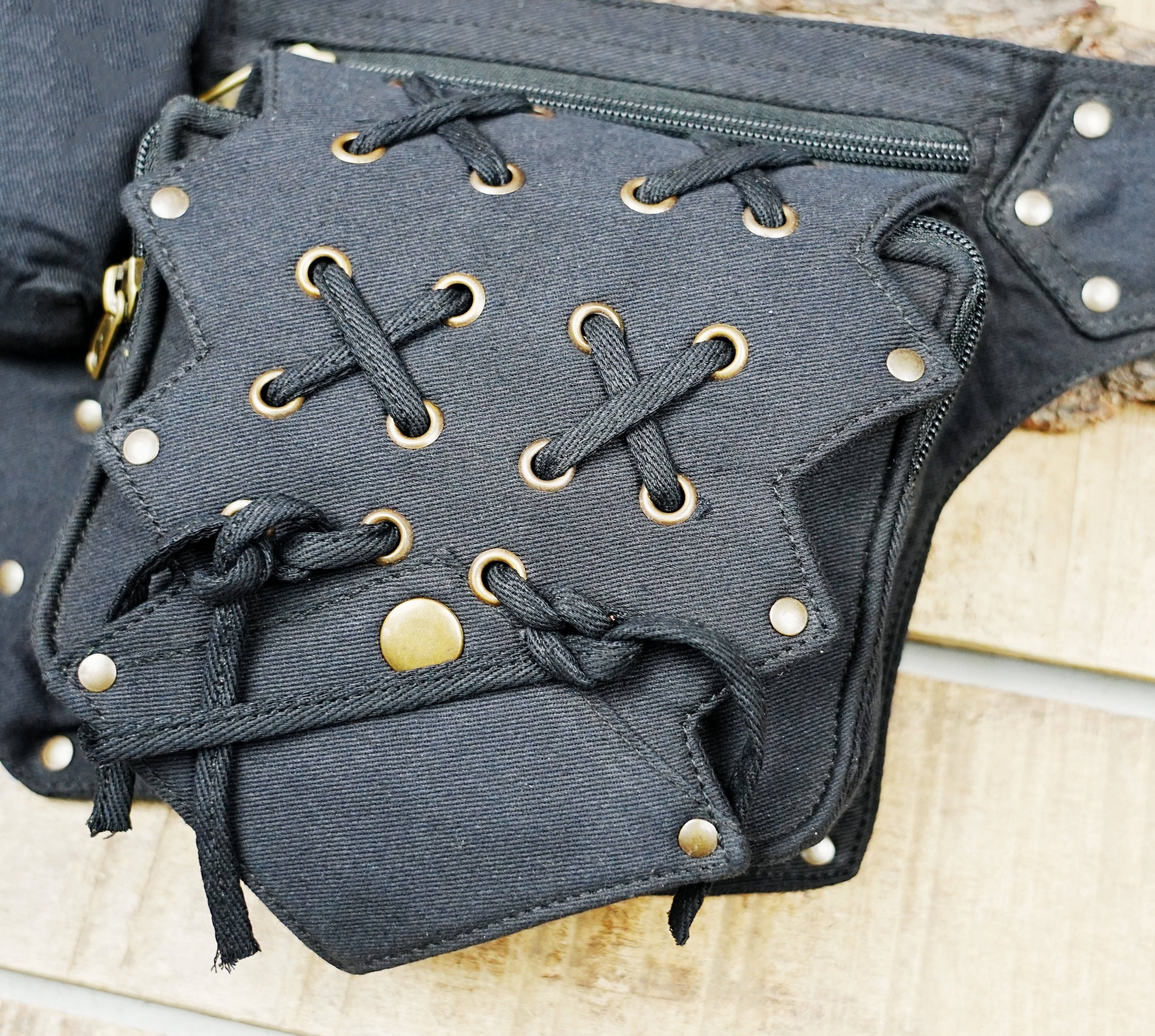 Alternative black laced pocket belt and tribal fanny pack for events