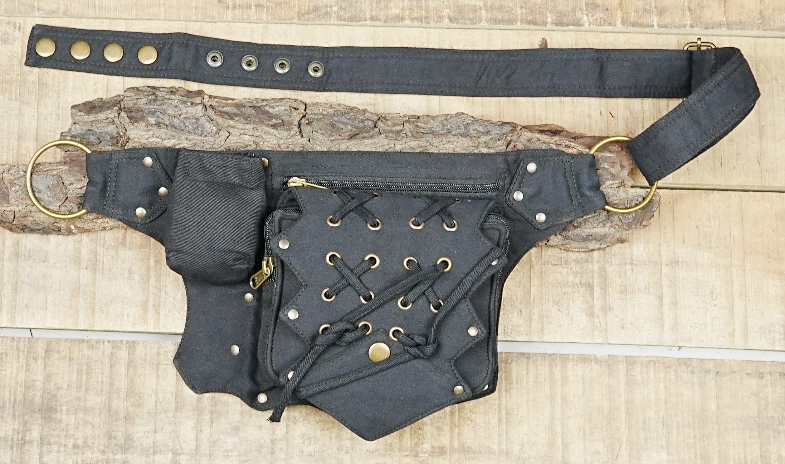 Handcrafted black canvas pouch and festival waist bag