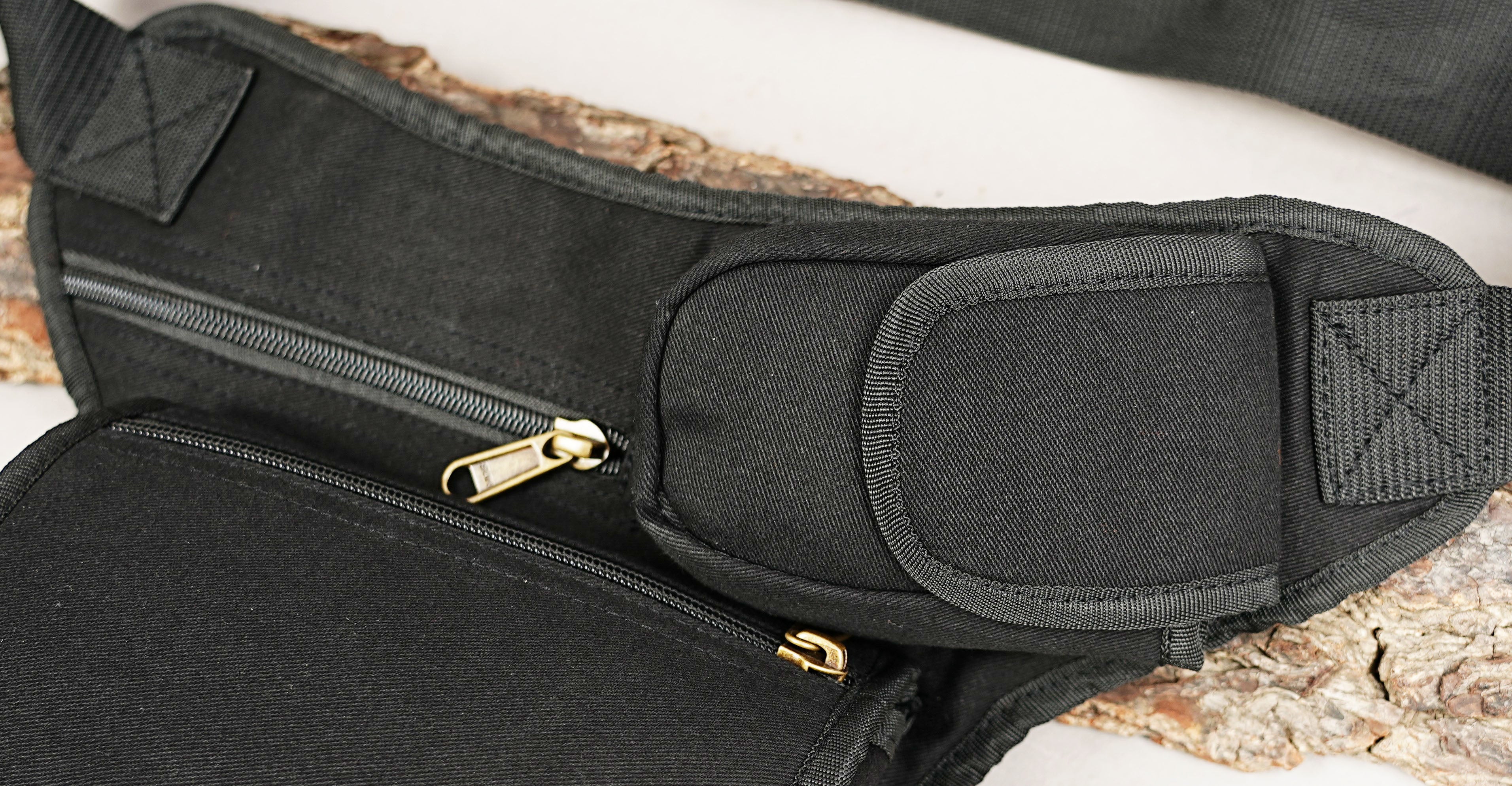 Steampunk utility leg pack in tough black canvas with brass zipper pulls.
