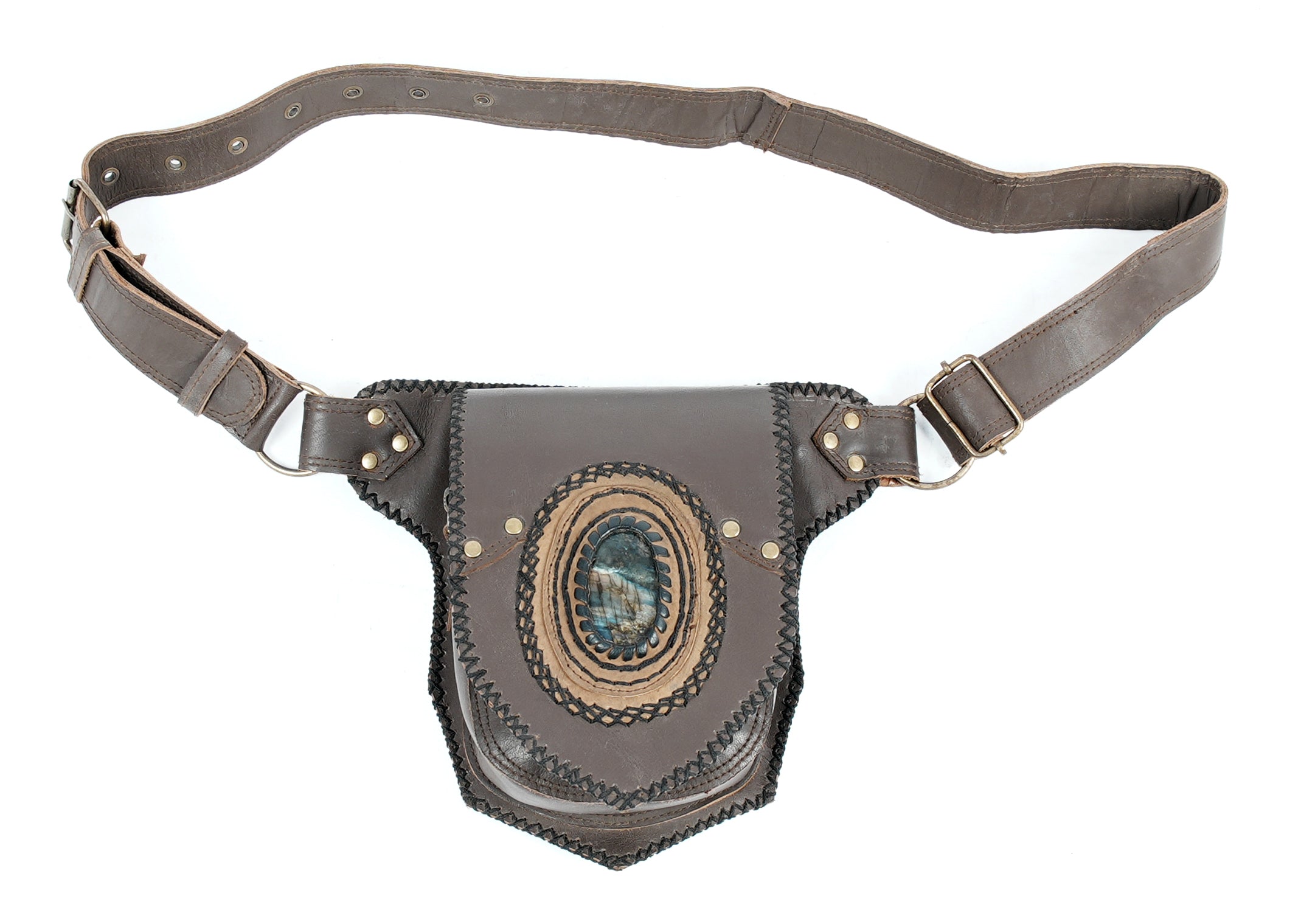 Leather waist belt with gemstone and adjustable strap