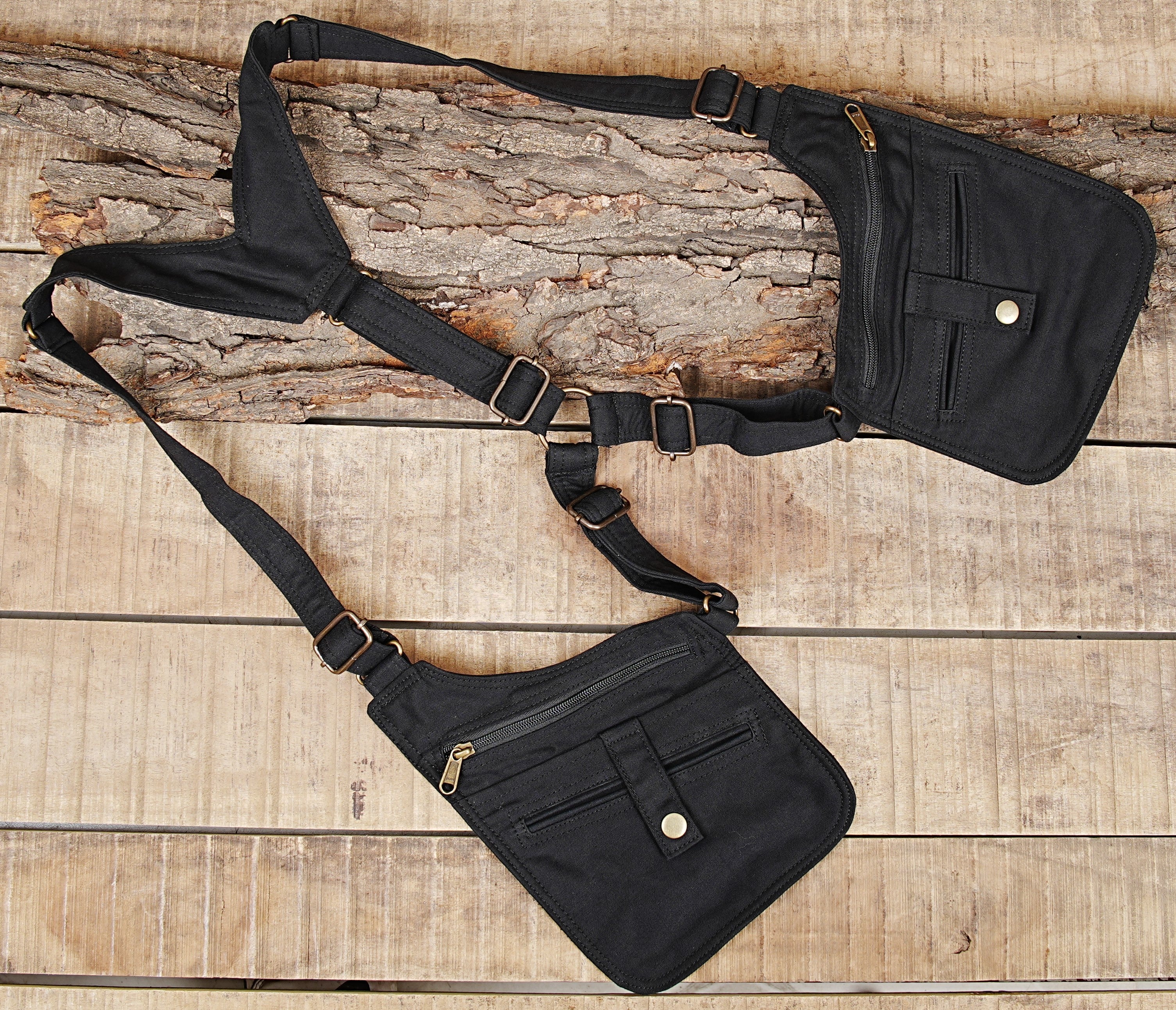 Unisex canvas shoulder holster bag featuring dual multi-zippered utility pouches