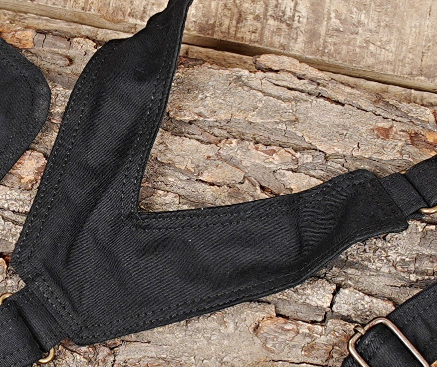 Steampunk style canvas body harness with multiple pockets and bronze hardware