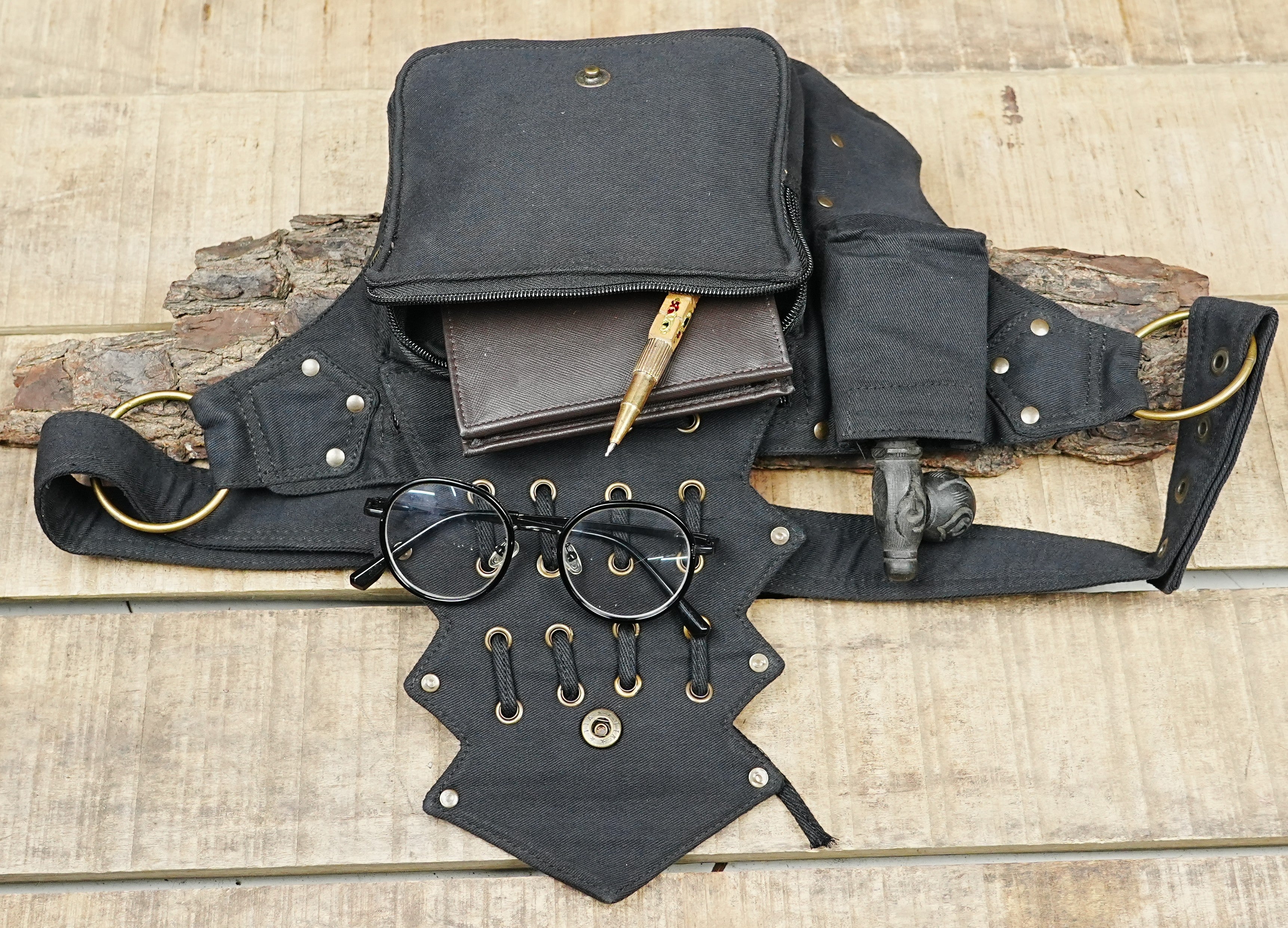 Handmade black festival fanny pack with traditional workshop details