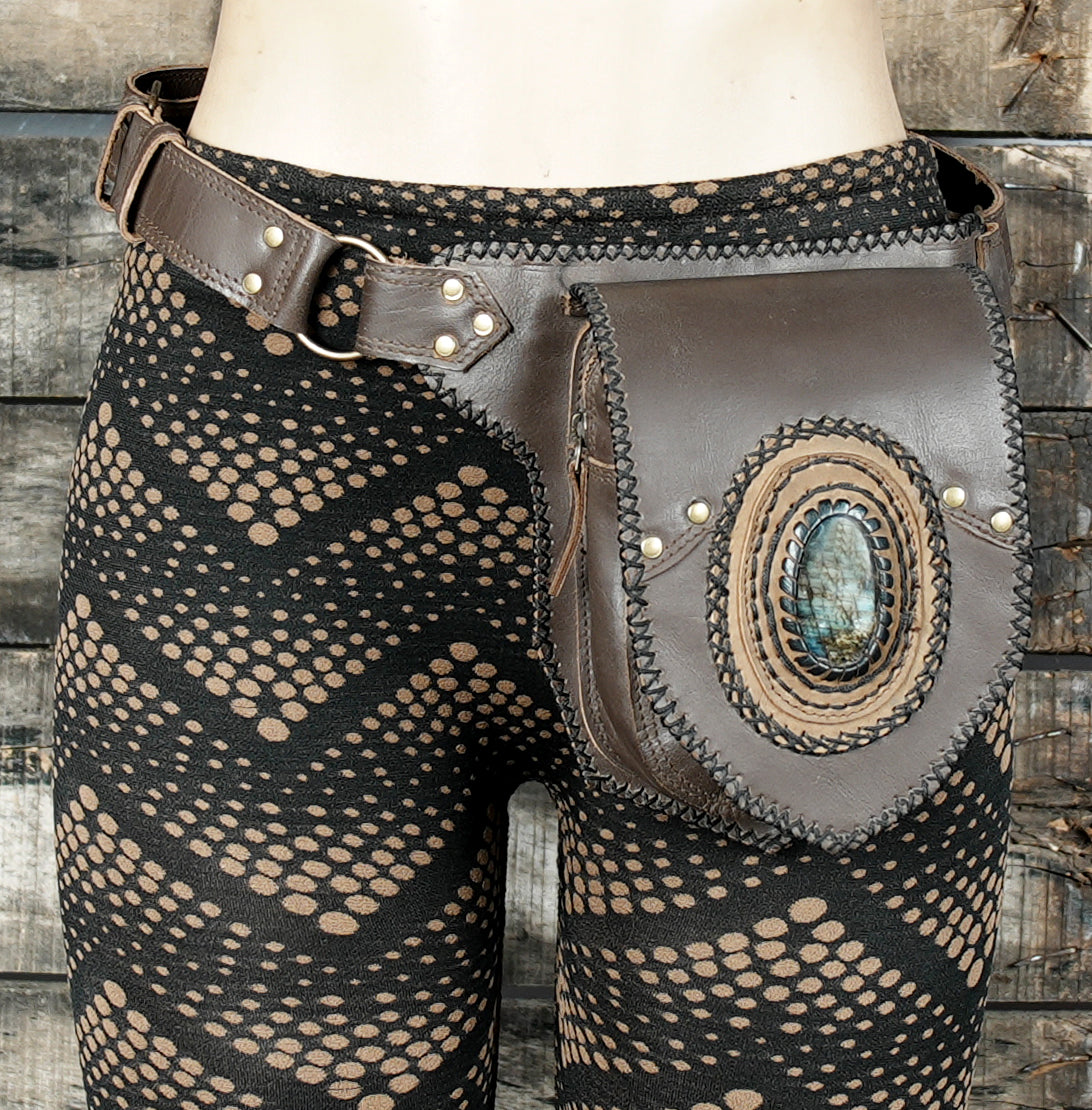 Brown leather waist belt with decorative gemstone panel