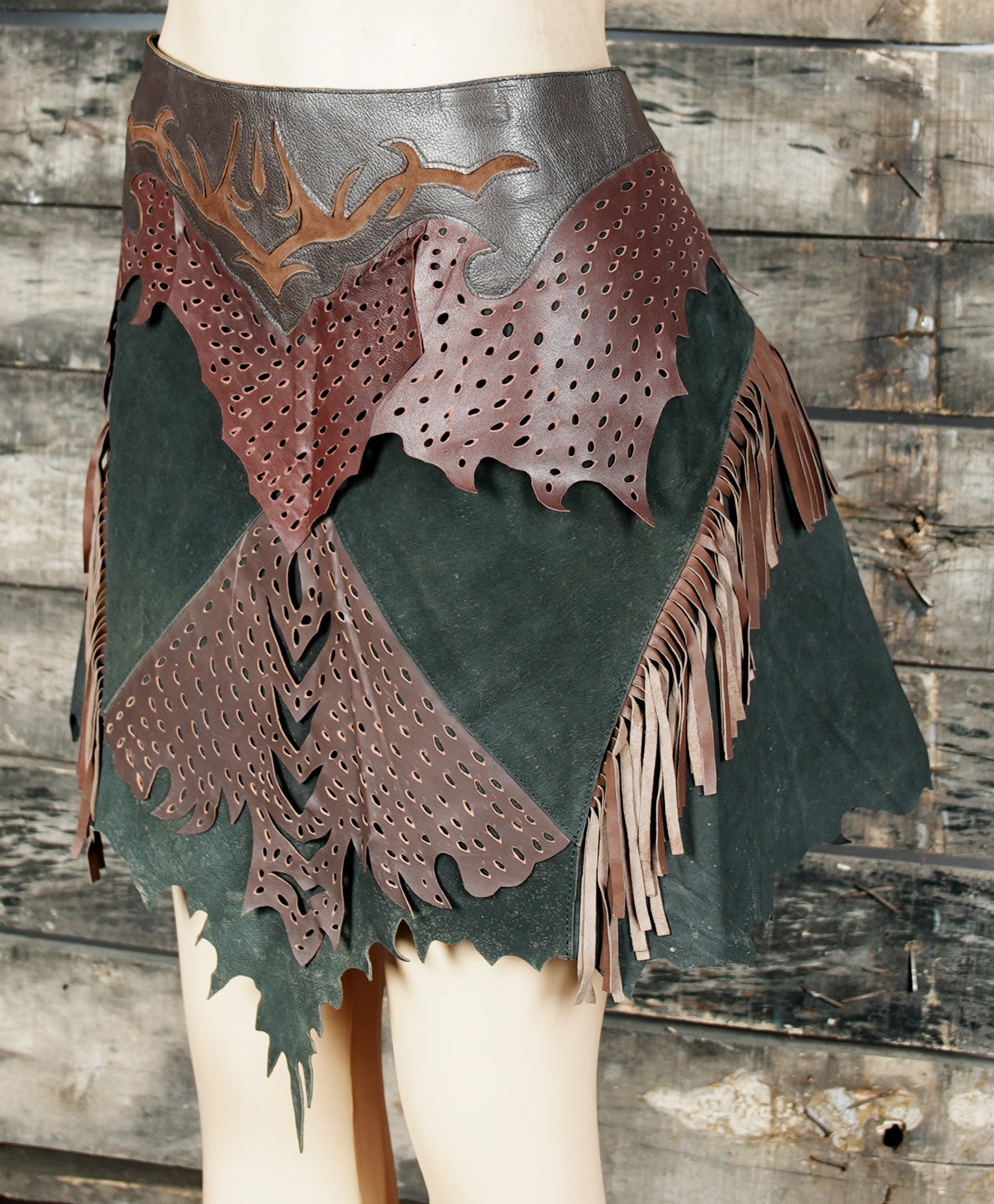 Bohemian leather skirt with rustic charm and handmade craftsmanship