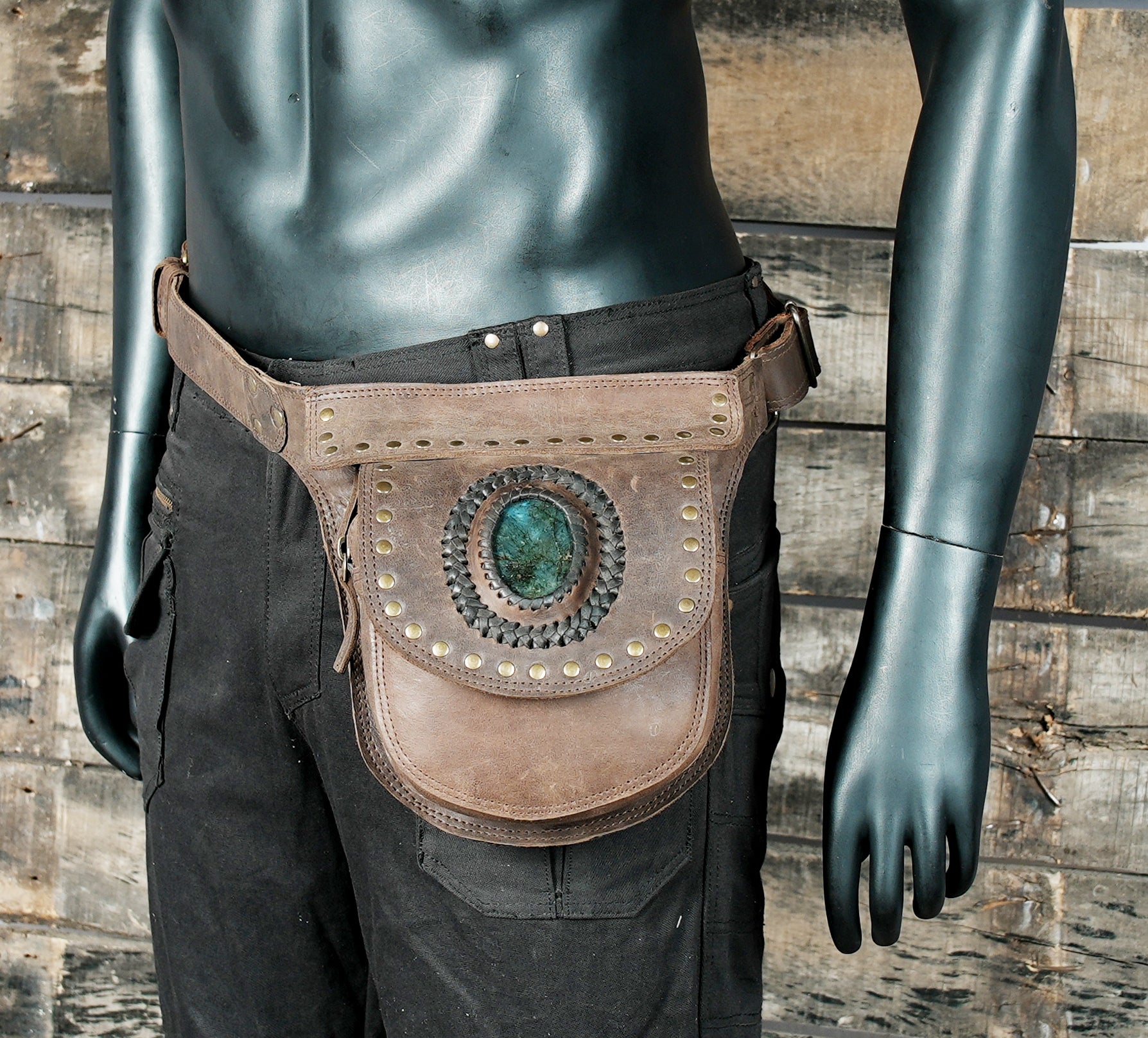 Genuine leather waist bag with brass hardware
