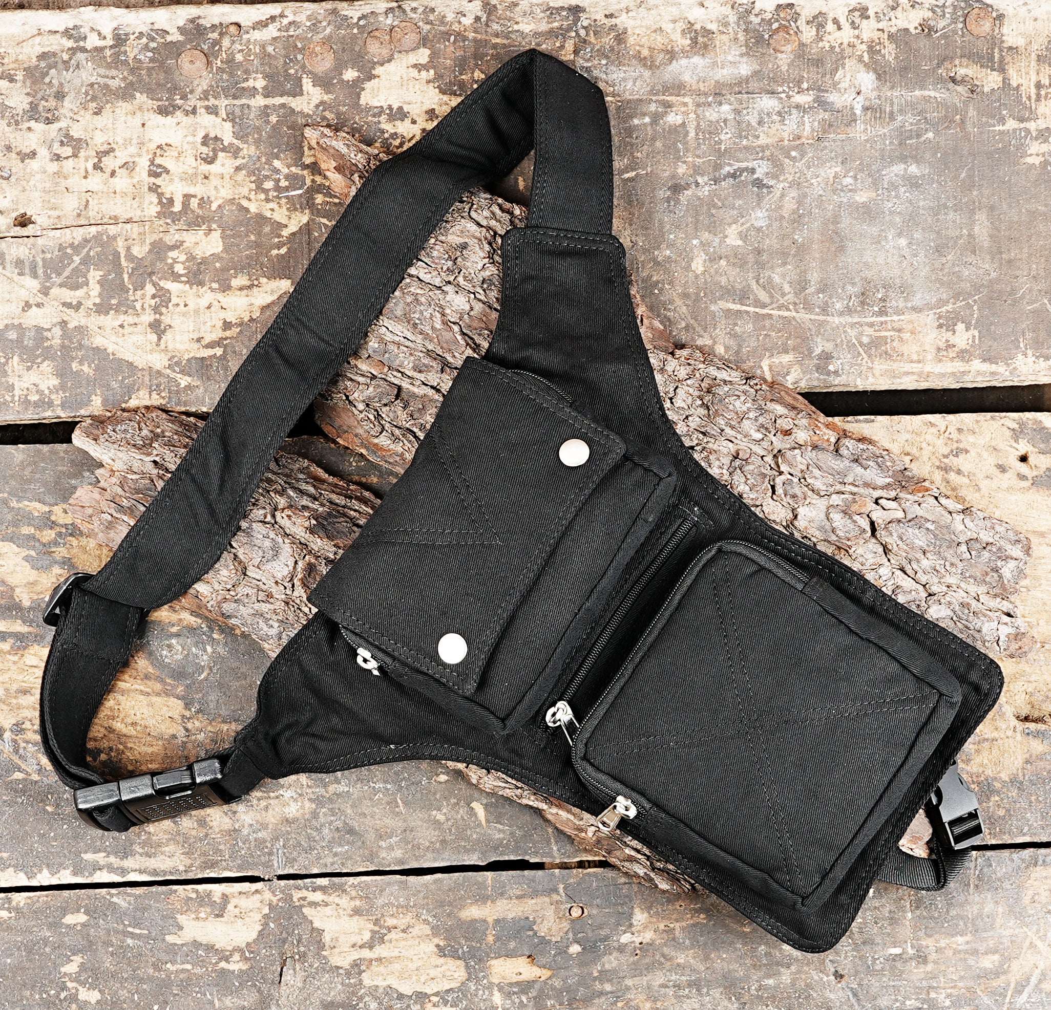 Black cotton festival bag with waist and thigh straps