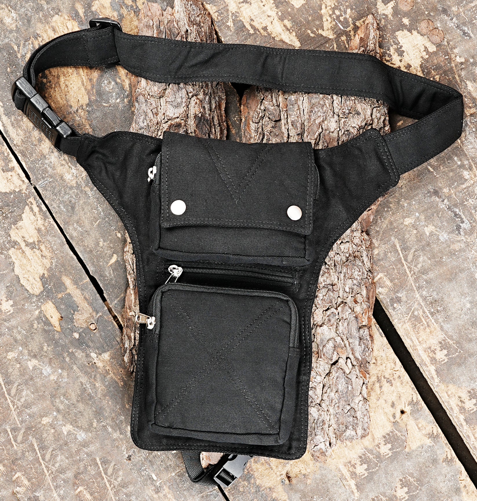 Handmade black cotton belt pouch with leg strap