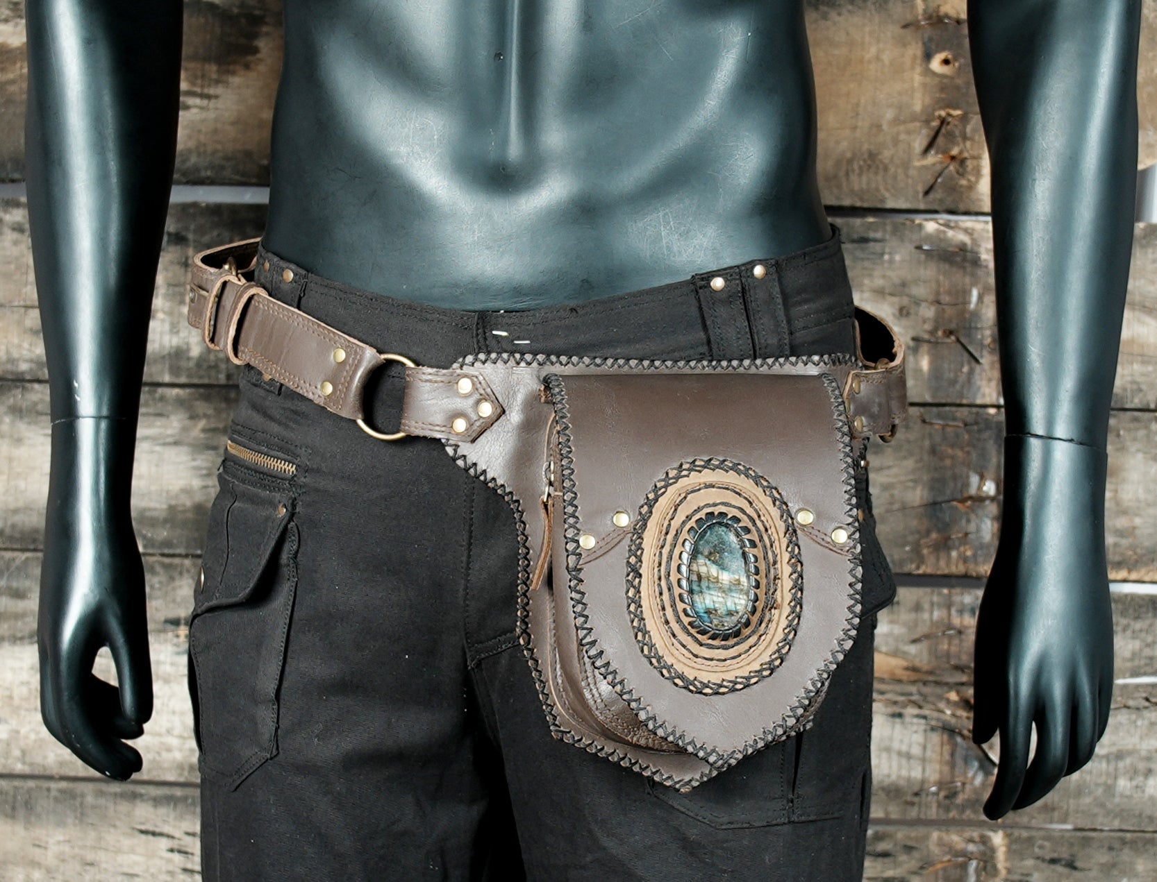 Handmade leather hip belt with boho tribal design
