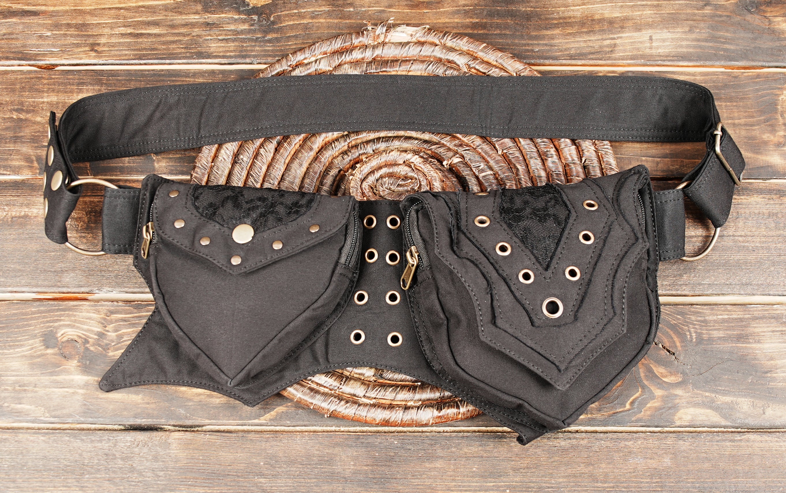 Black cotton utility belt pouch with antique brass metal fittings