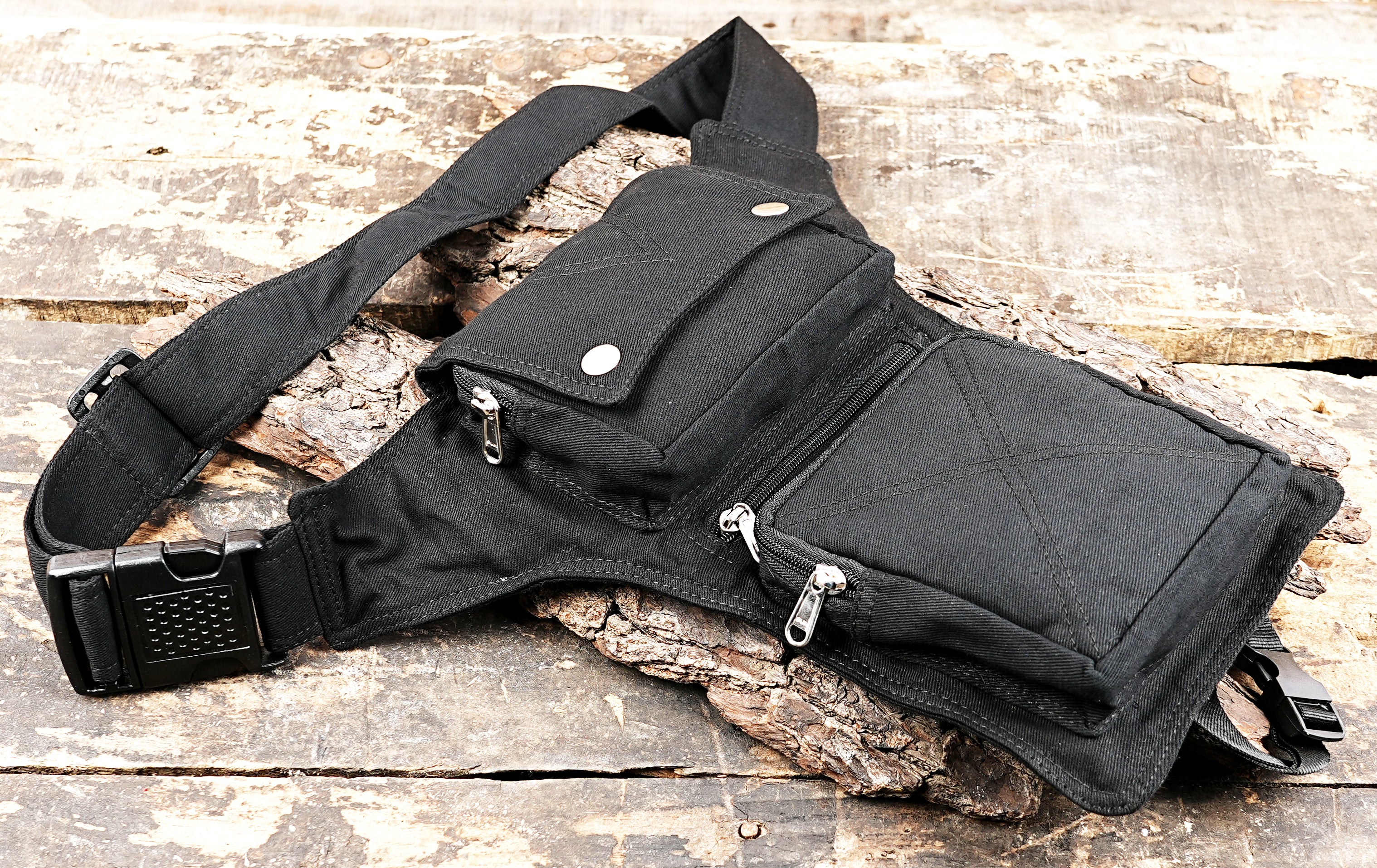 Cotton waist and leg strap bag with zipper pockets