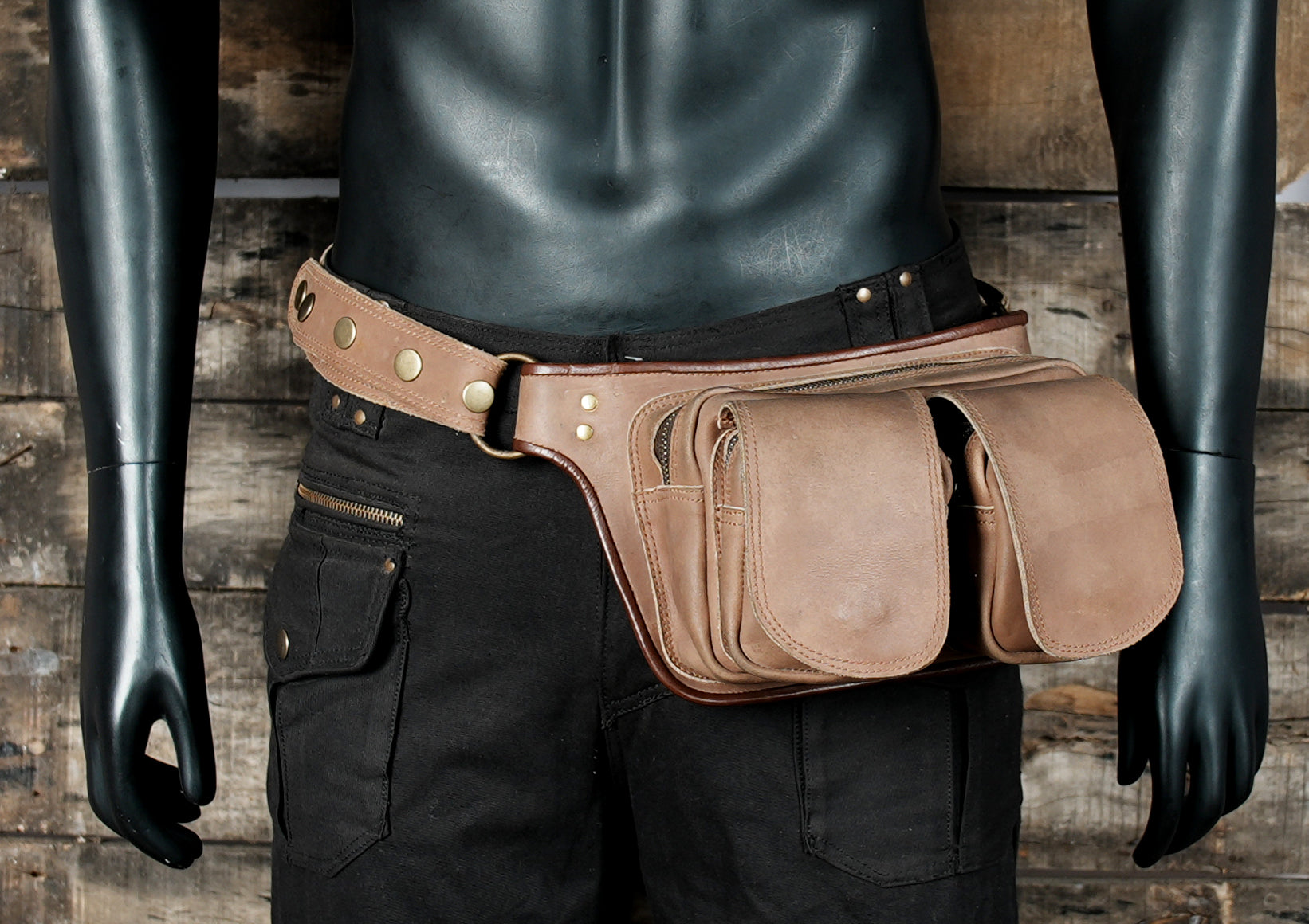 Leather belt bag with dual front pouches and adjustable fit