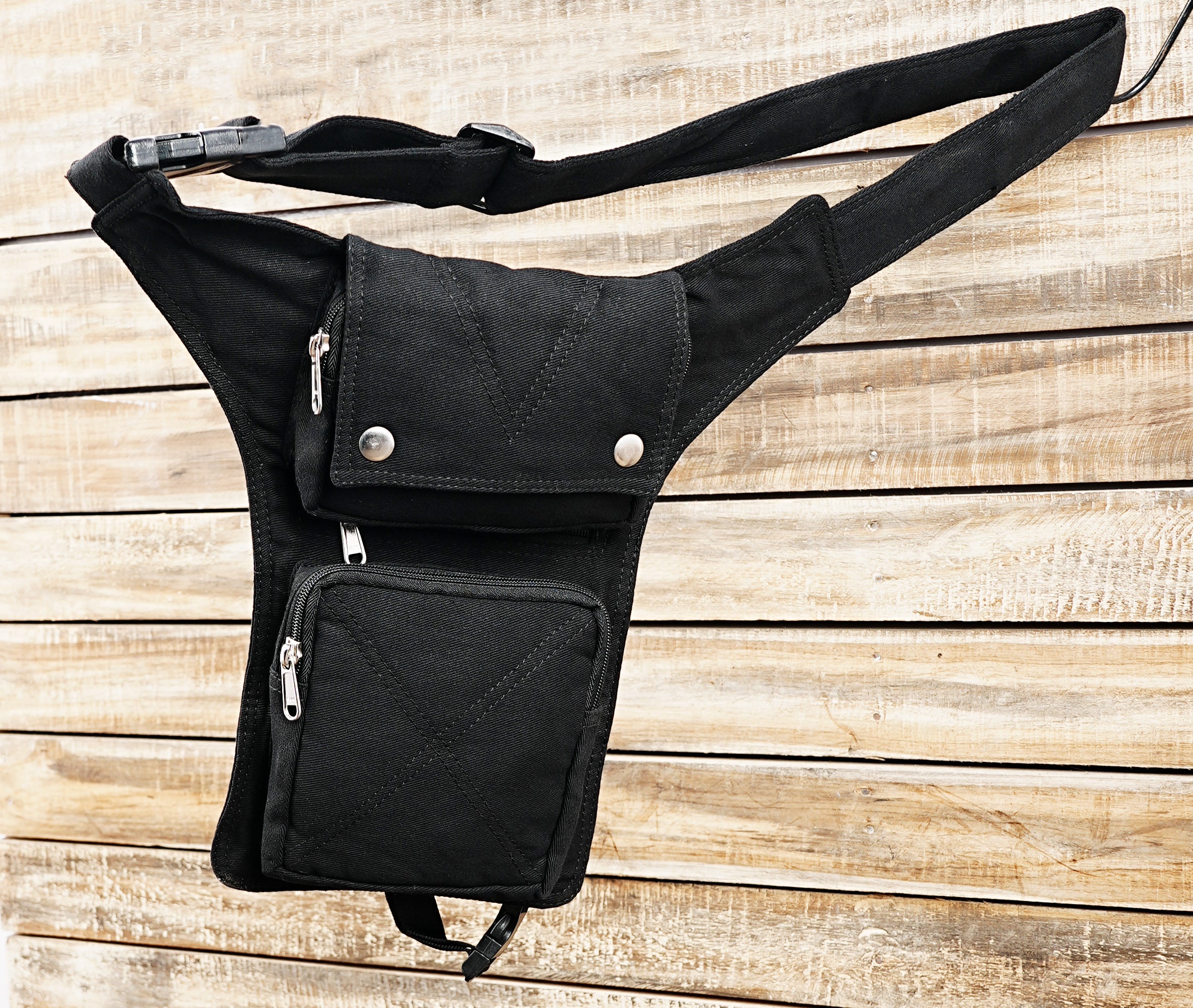 Black cotton hip pouch with secure zipper compartments