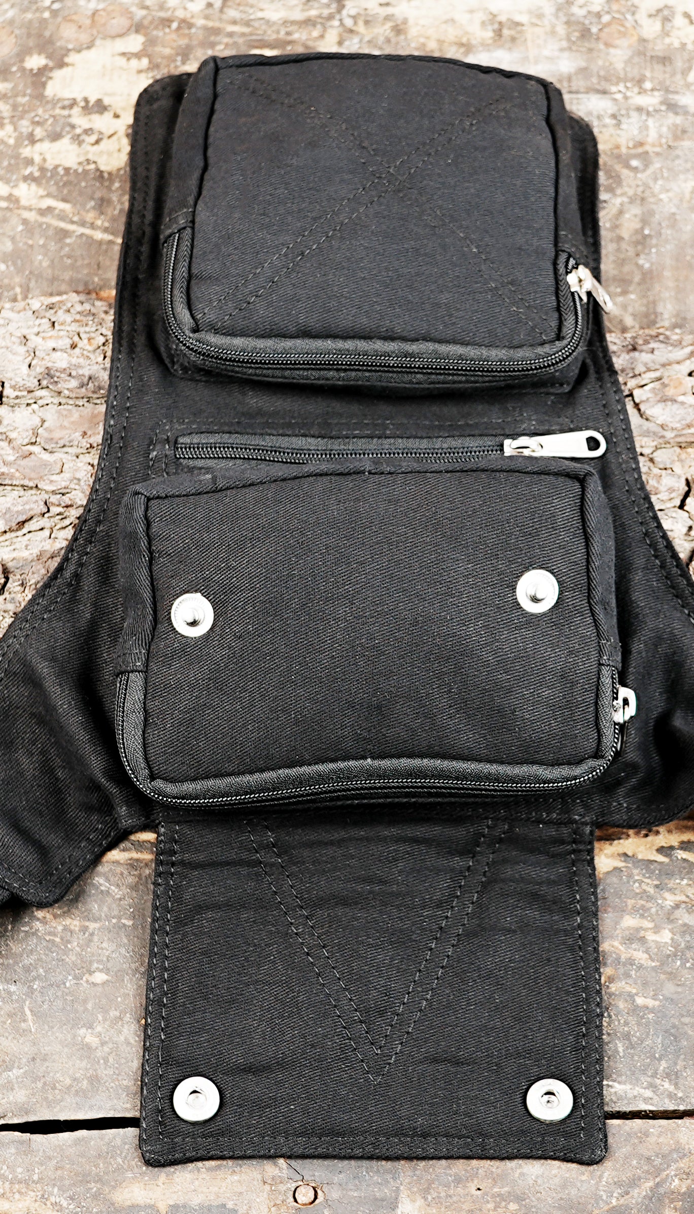Black cotton waist pouch with buckle and zipper pockets