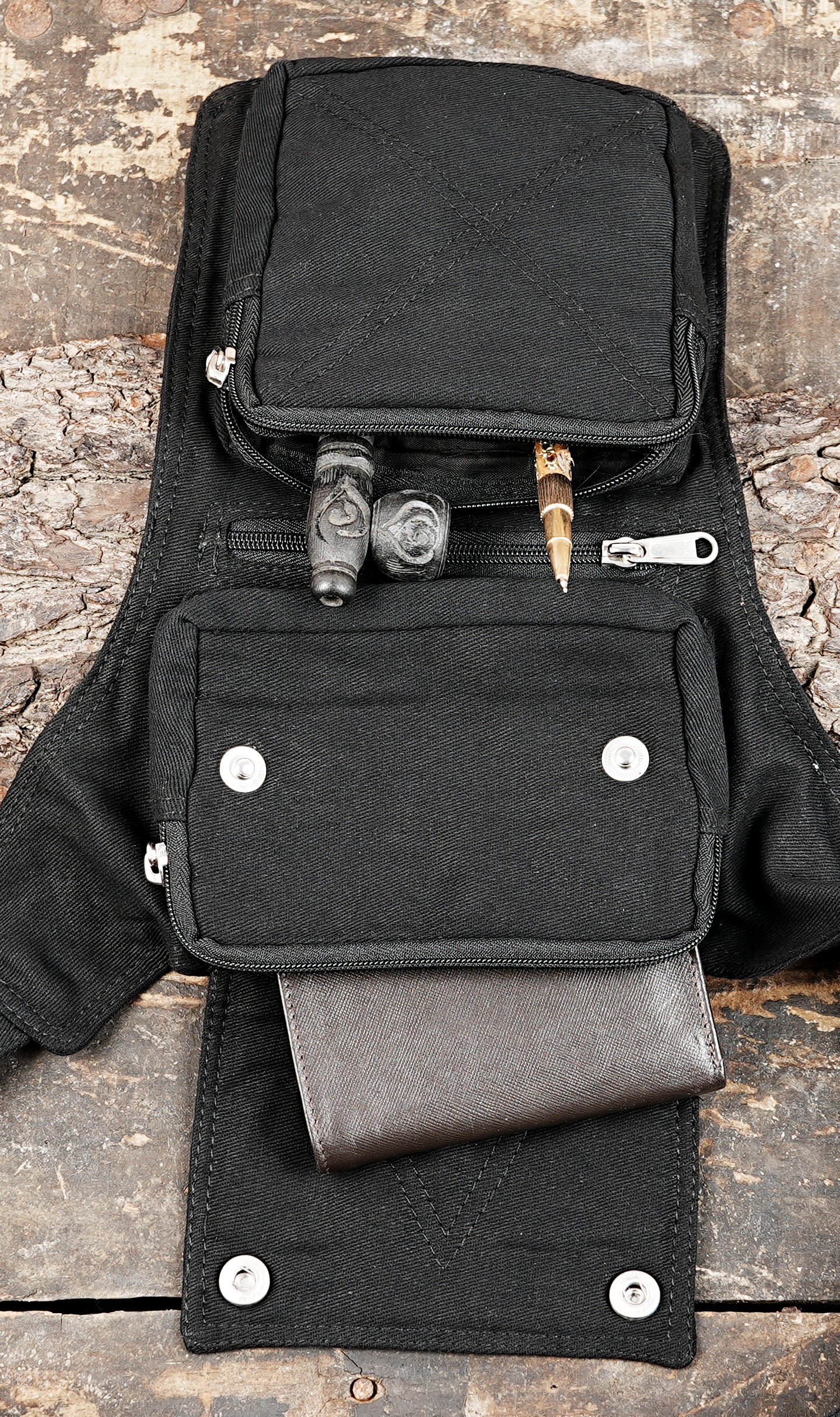 Handmade cotton utility bag worn around waist and thigh