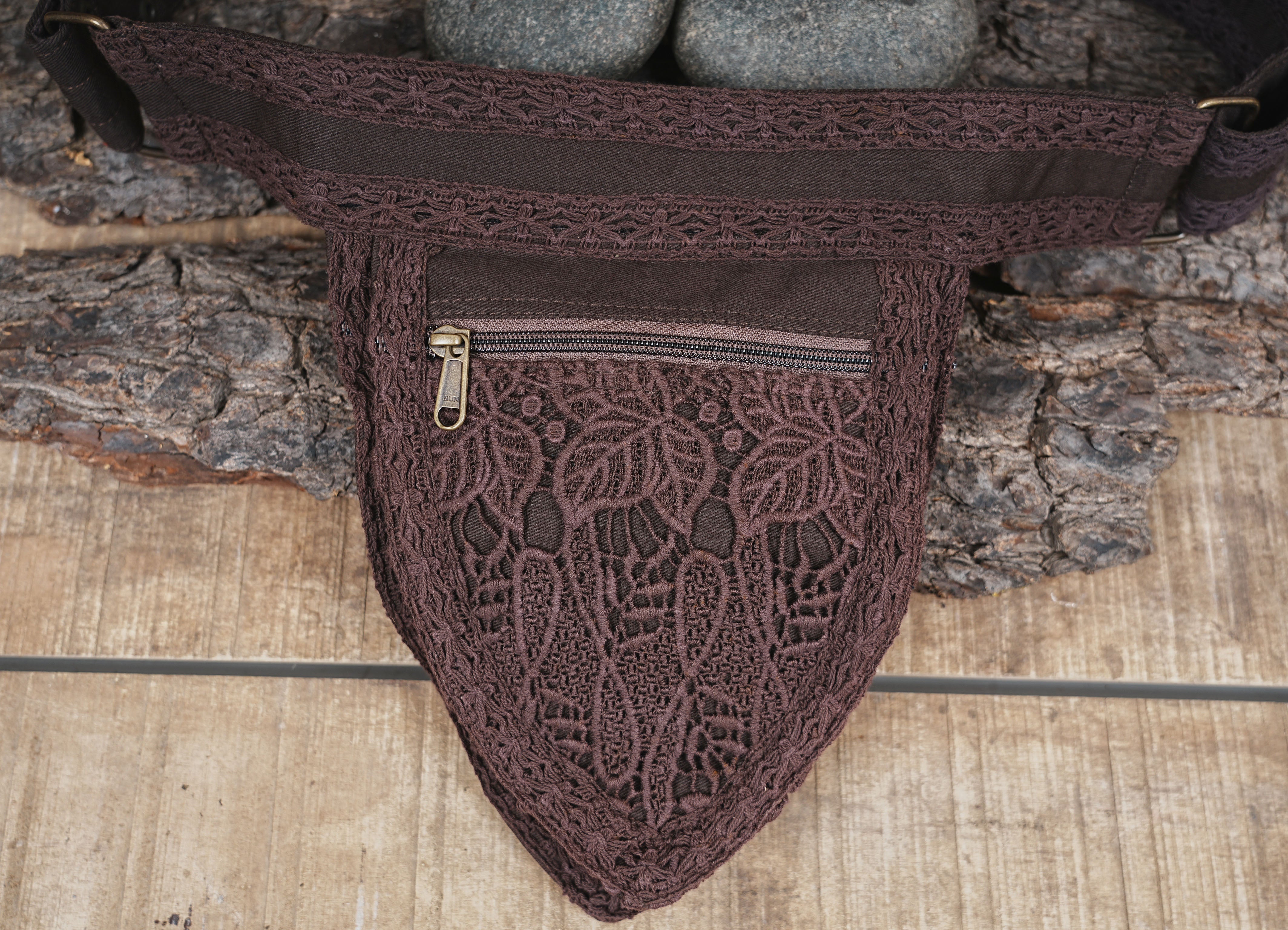 Handmade brown waist bag and festival hip pouch with lace details
