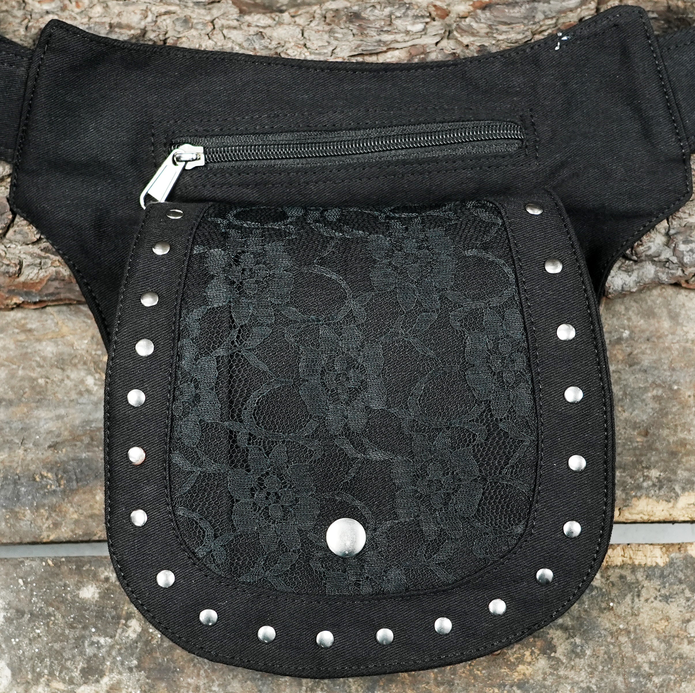 Alternative style utility bum bag fanny pack featuring gothic lace accents and silver metal hardware.