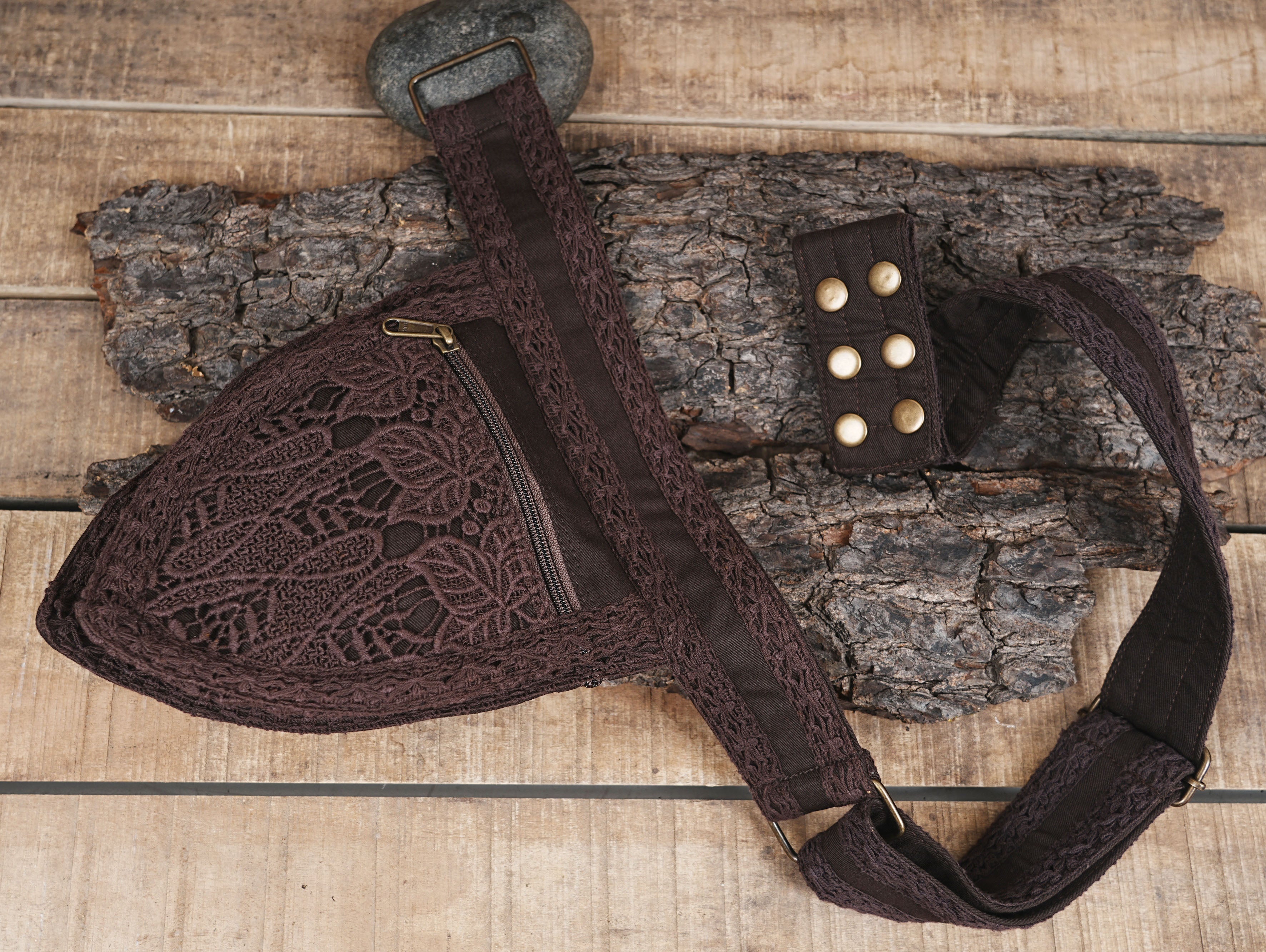Handmade brown festival fanny pack with traditional craft details