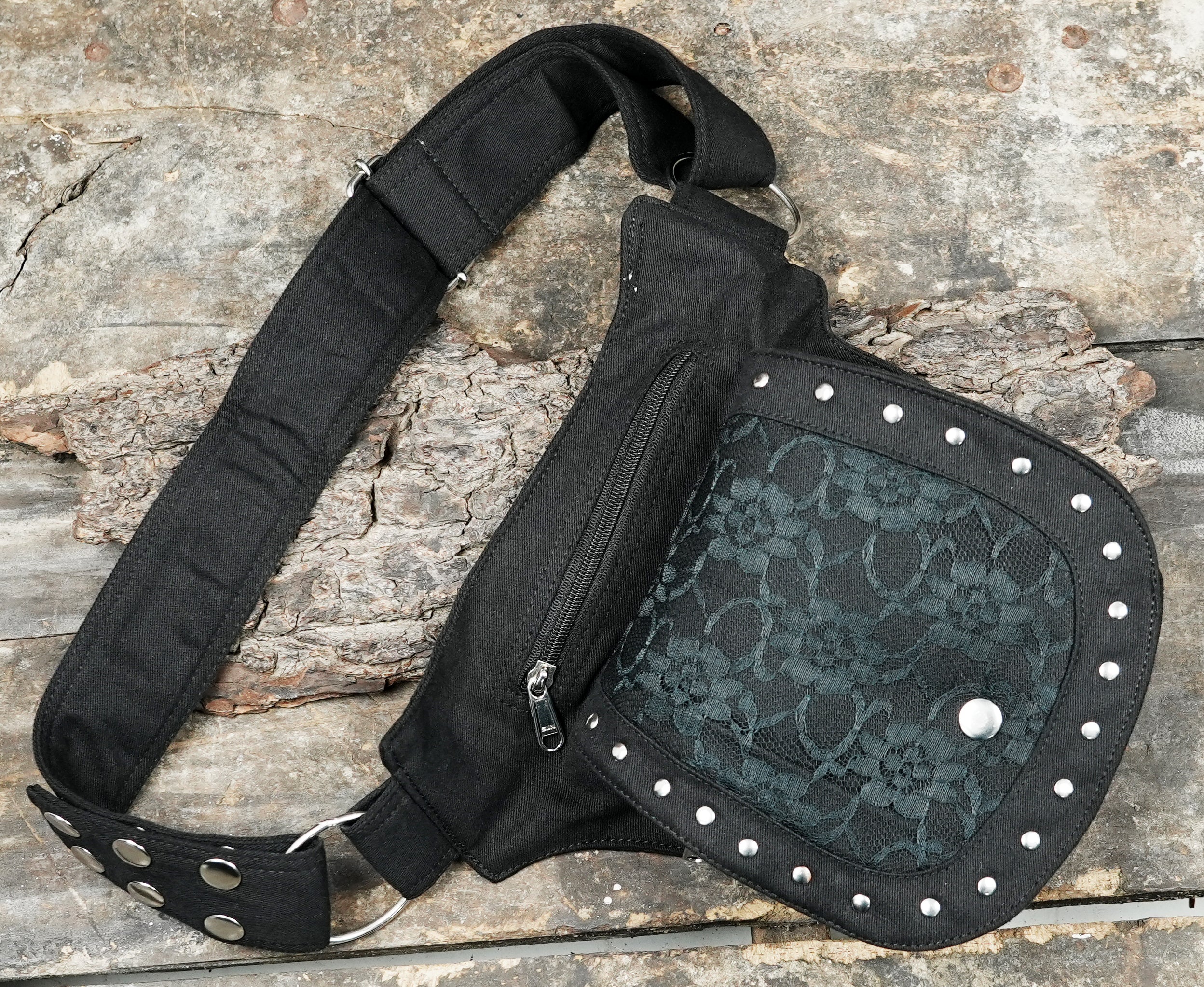 Unisex black fanny pack waist bag bumbag with an edgy, alternative design.