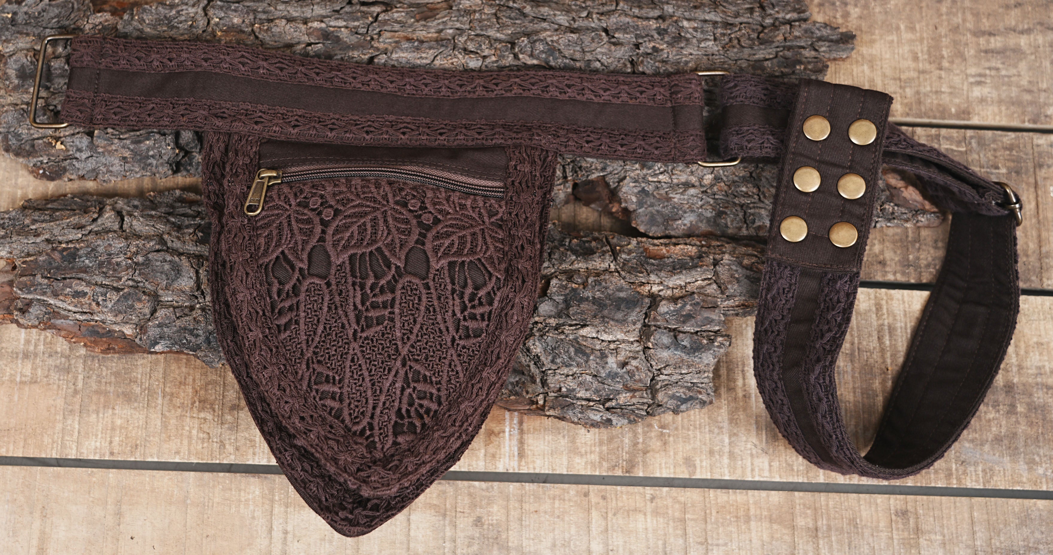 Alternative fashion brown utility belt with detailed lace texture