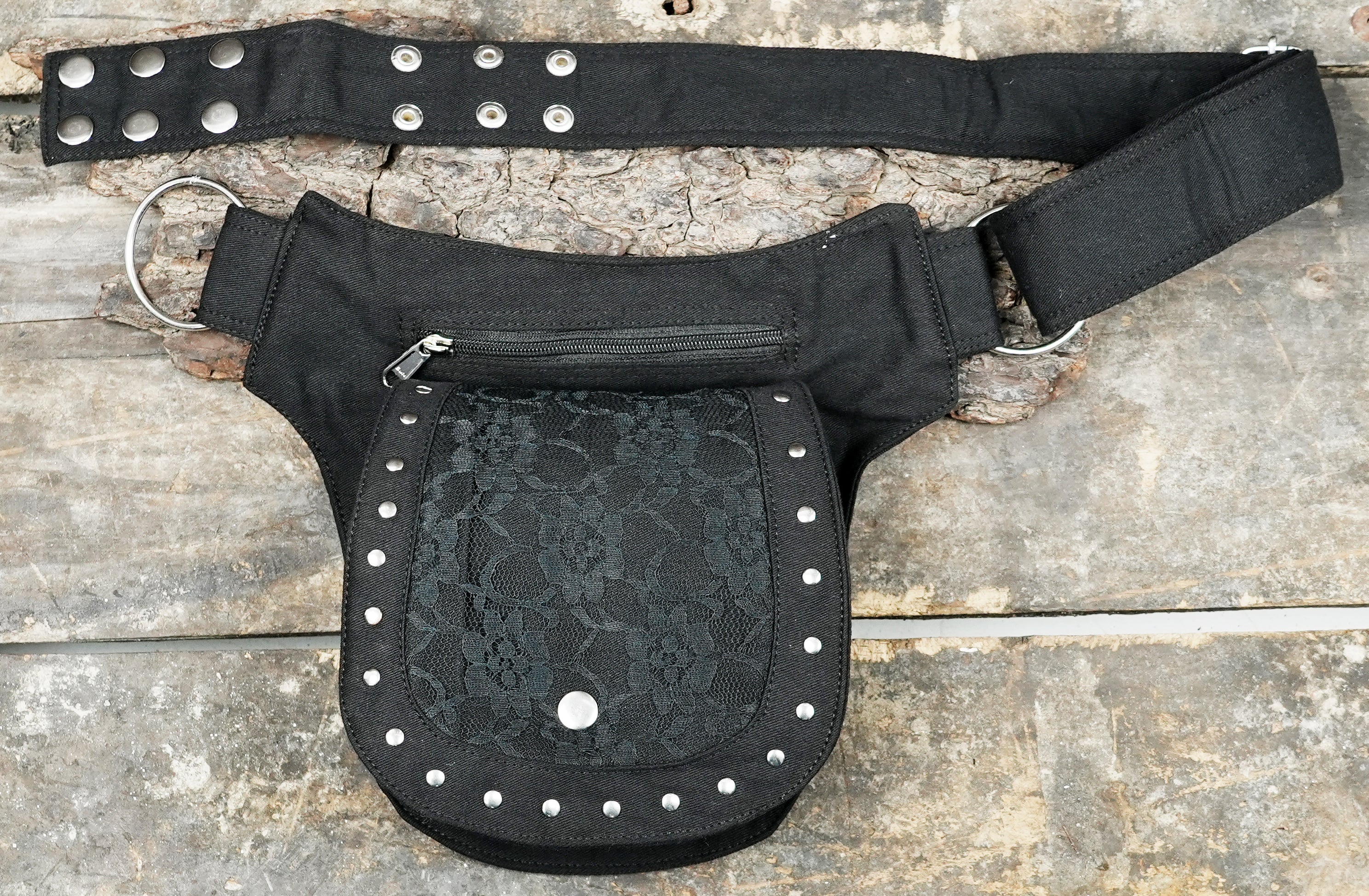 The ultimate festival fanny pack bumbag: durable, secure, and styled with black lace and studs.