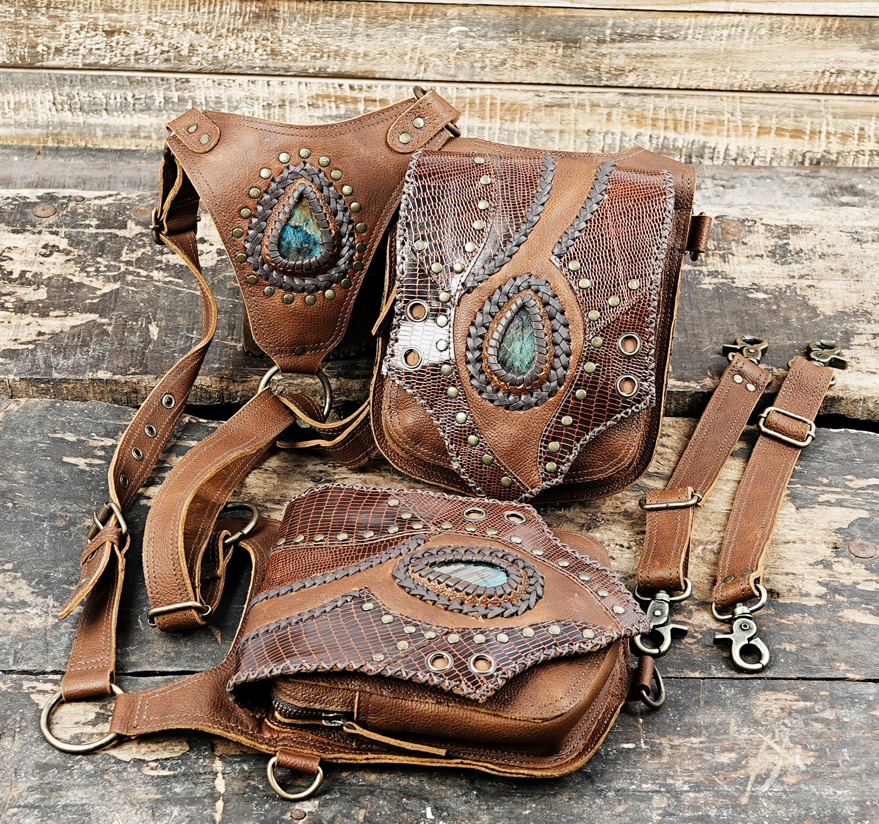 “Premium brown leather utility holster with dual pockets and brass hardware”