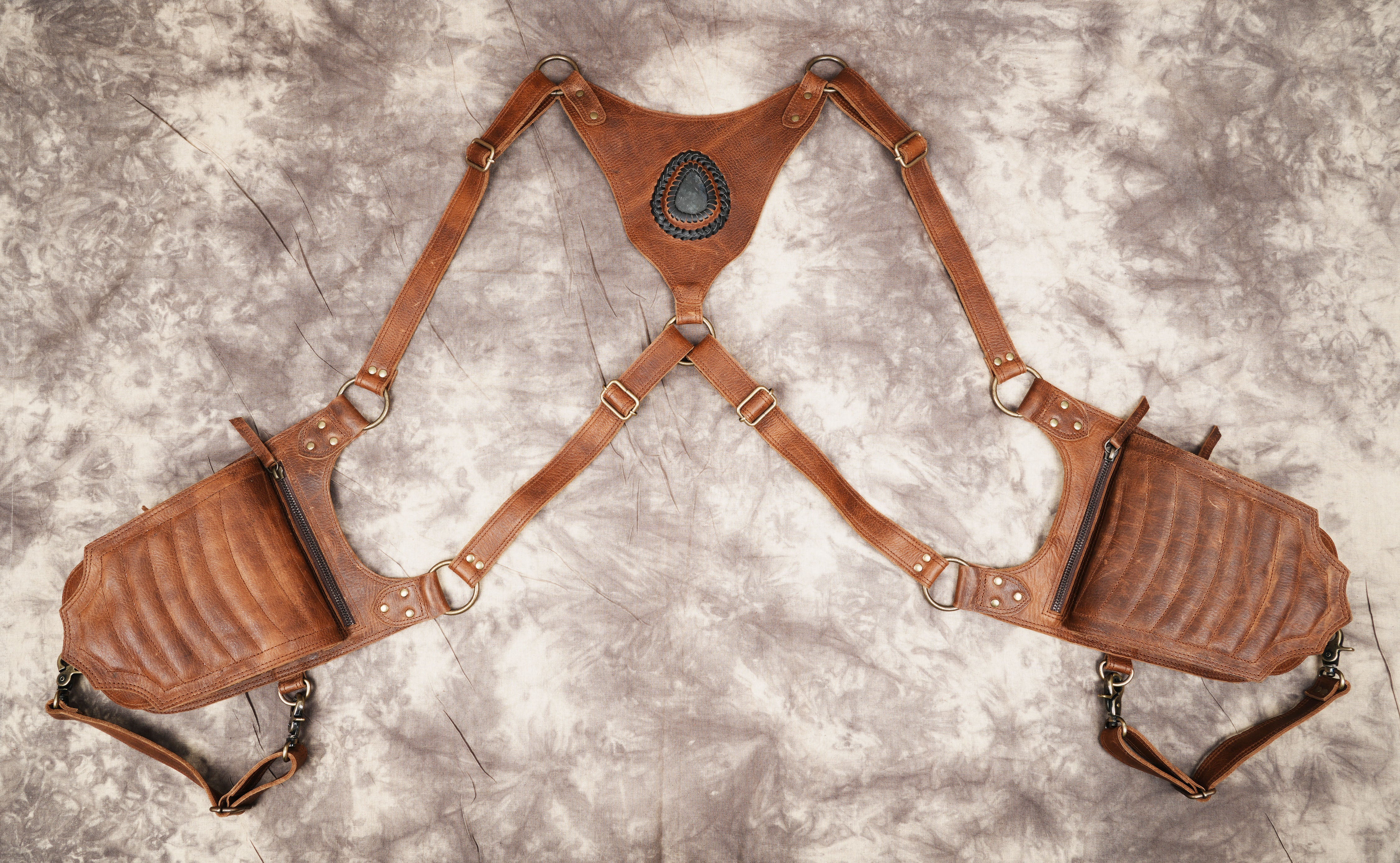 Handmade Leather Dual Holster with Gemstone Center || Adjustable Leather Utility Holster with Dual Storage (LT-AB-HLS-6075)