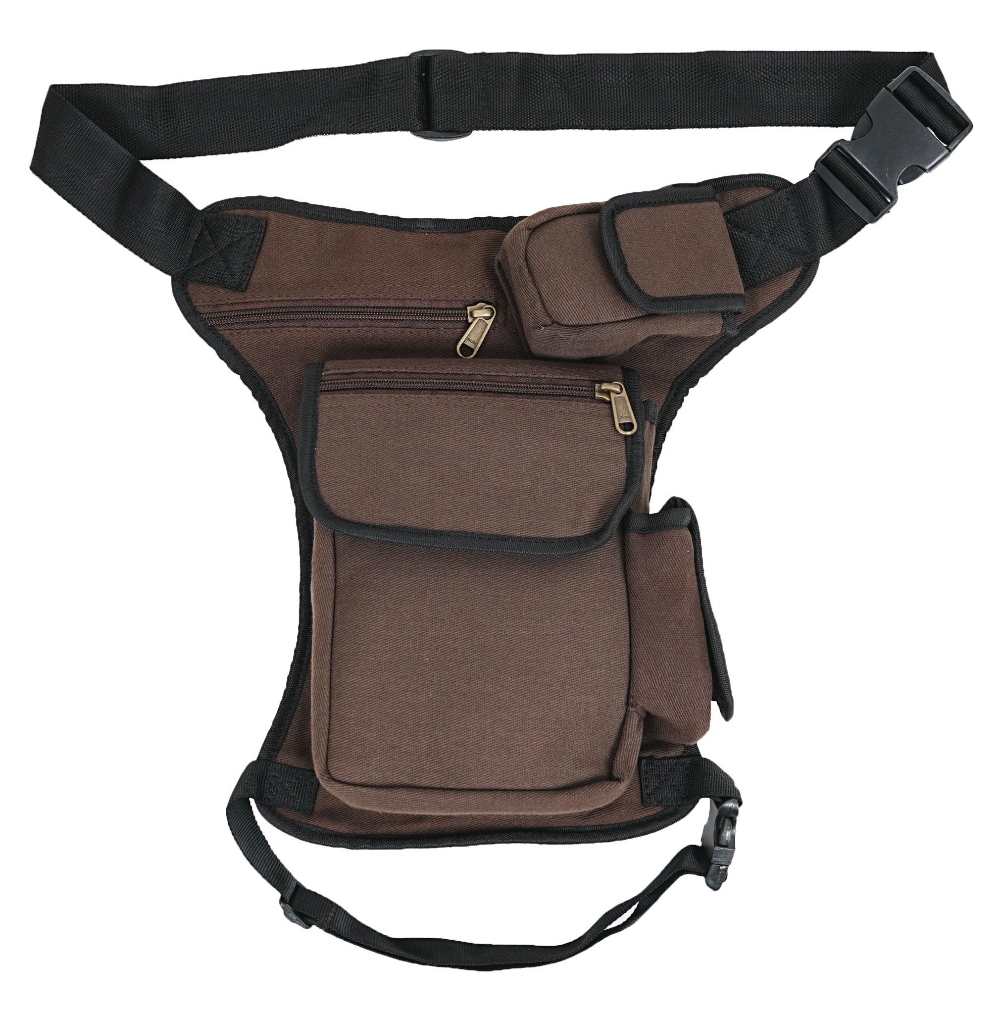 Festival hip pack with leg fastener in durable washed black cotton canvas.