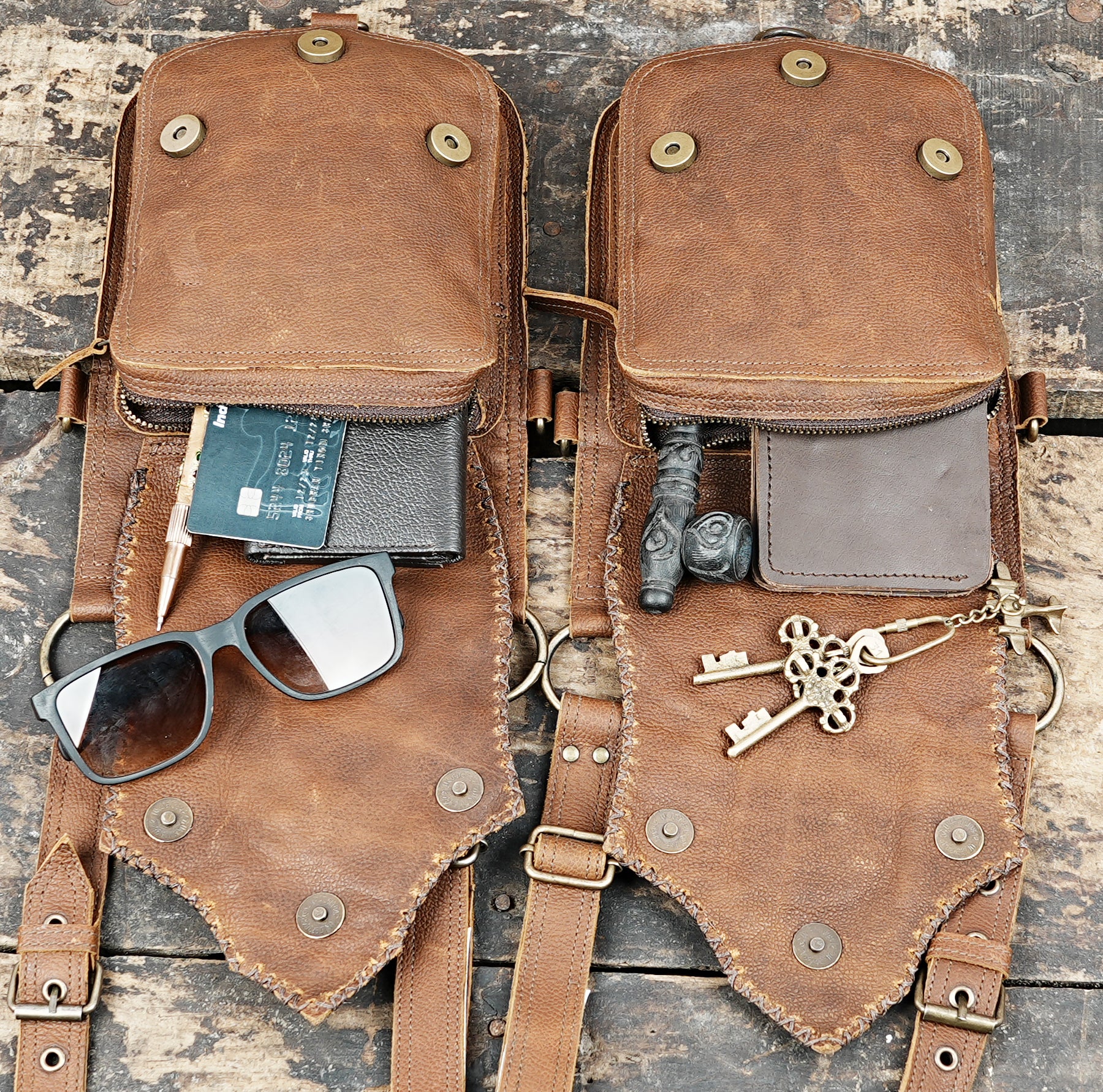 “Artisan-crafted brown holster with adjustable straps and teardrop gemstone design”