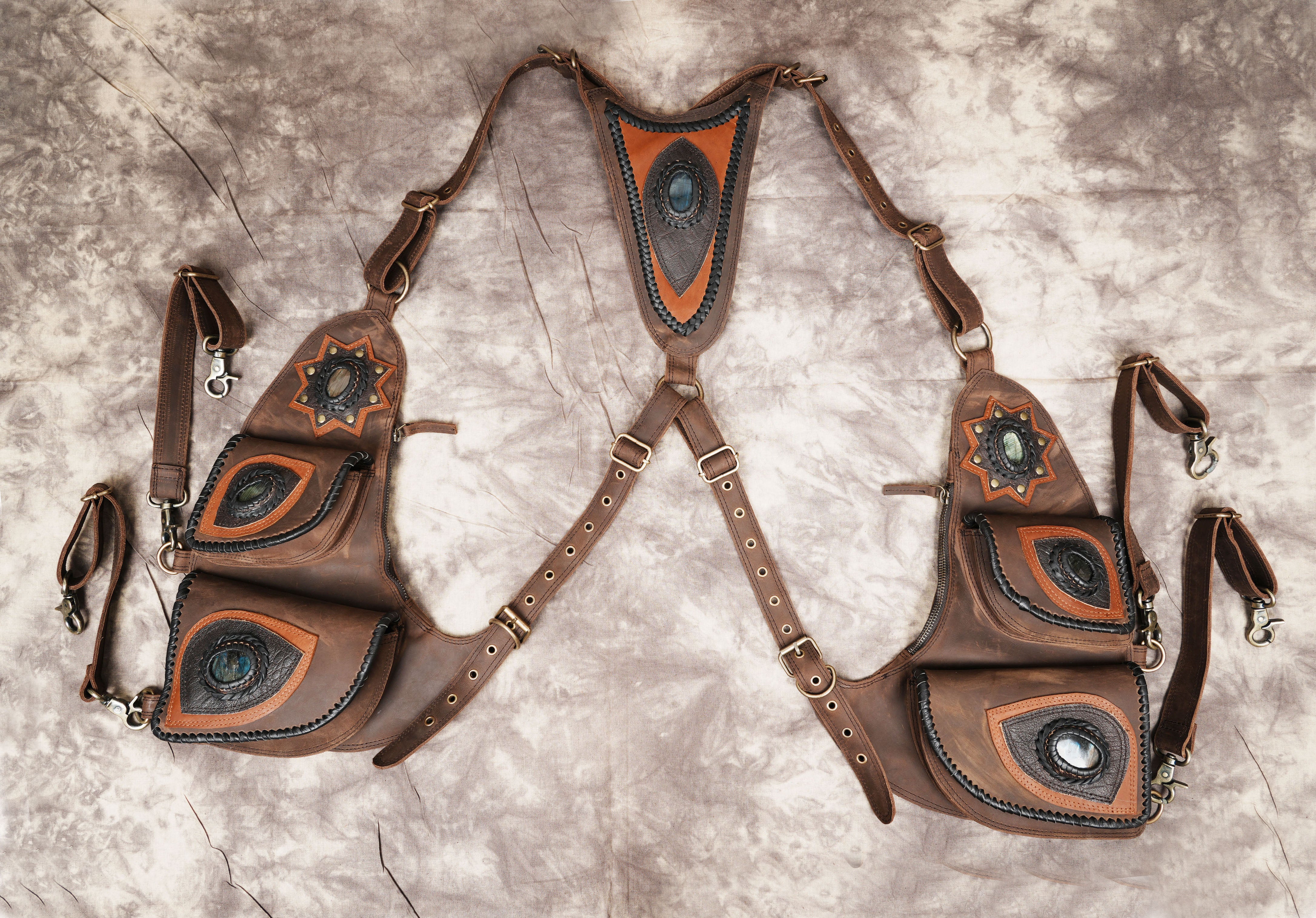 Handmade Leather Holster with Gemstone Eye Design || Boho Style Leather Holster Bag with Adjustable Straps (LT-AB-HLS-6085)