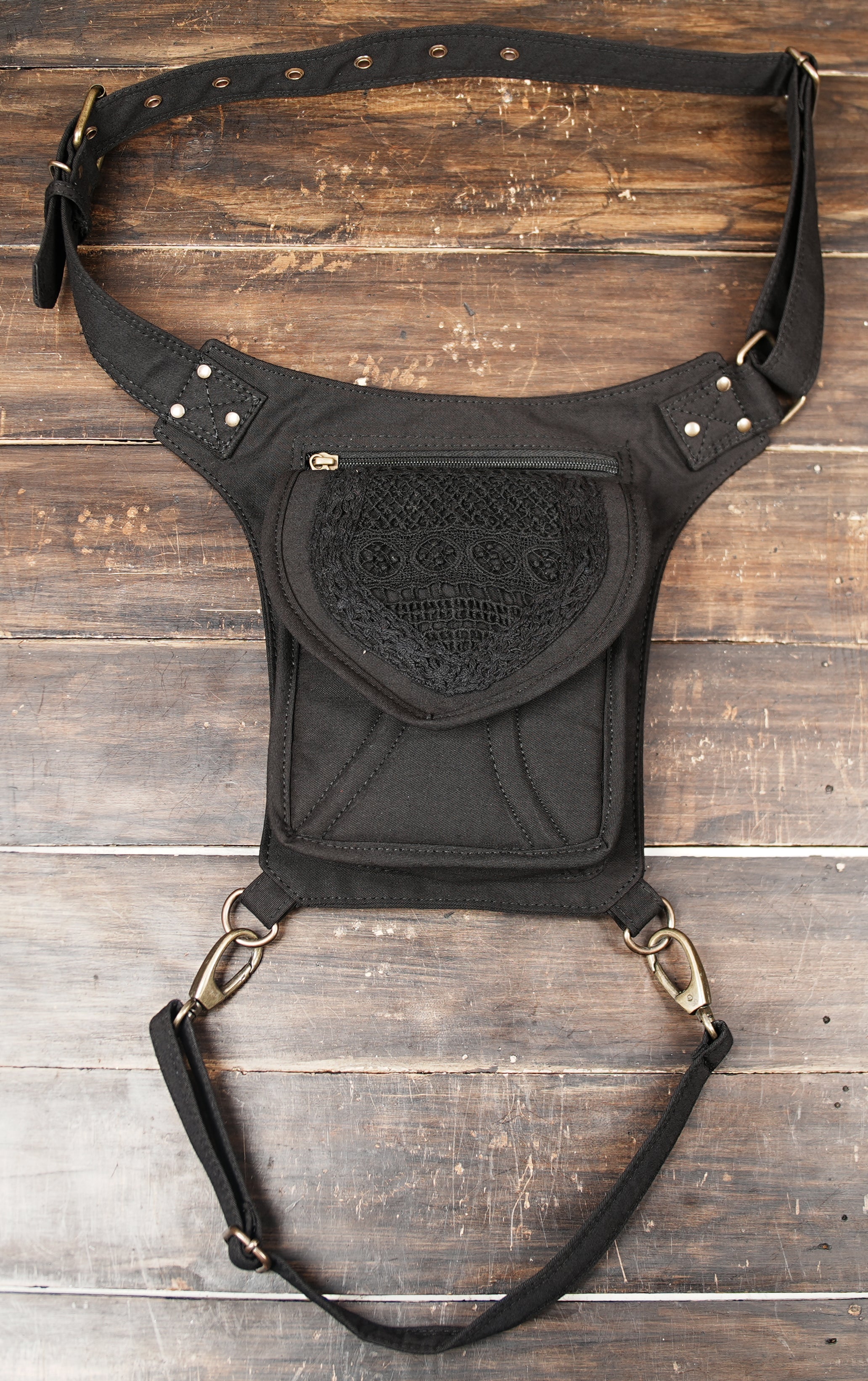Gothic cyberpunk canvas waist pack with dark lace accents and metal swivel hooks.