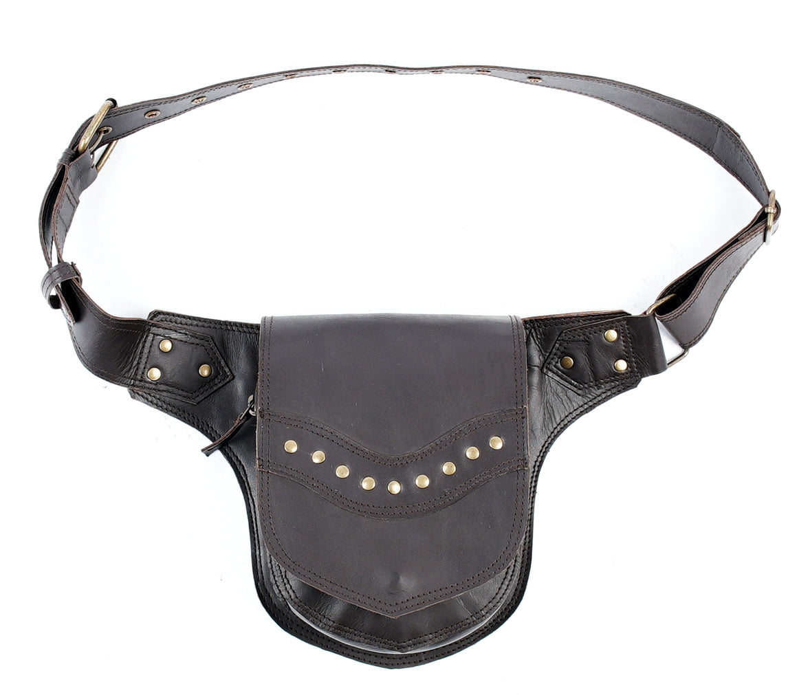 Handmade Brown Leather Hip Pouch with Studded Flap || Unisex Brown Leather Hip Belt Pouch for Travel and Events (LT/AB/WB/6036)