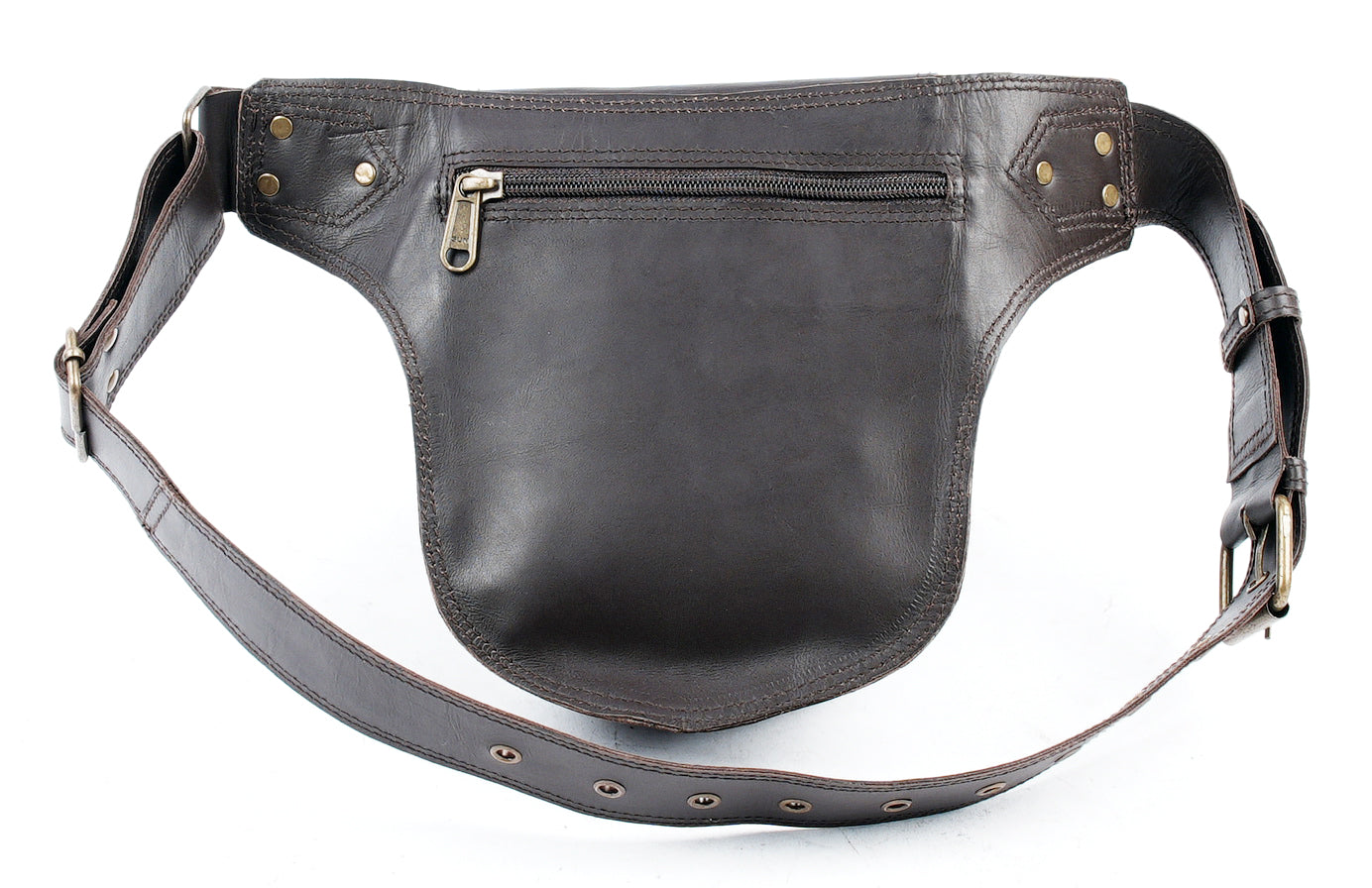 Handmade Brown Leather Hip Pouch with Studded Flap || Unisex Brown Leather Hip Belt Pouch for Travel and Events (LT/AB/WB/6036)