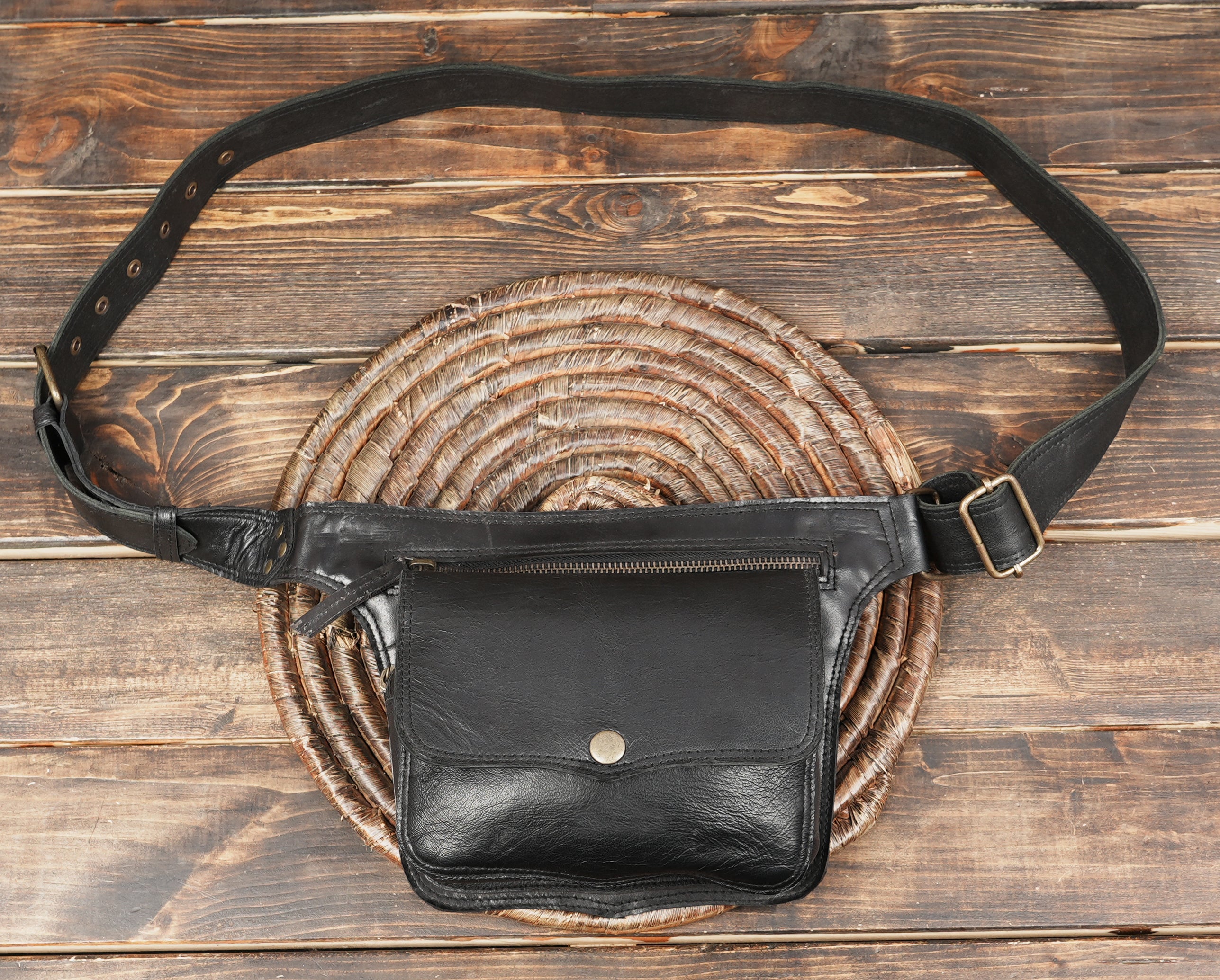 Black handmade leather waist belt bag with zip pocket