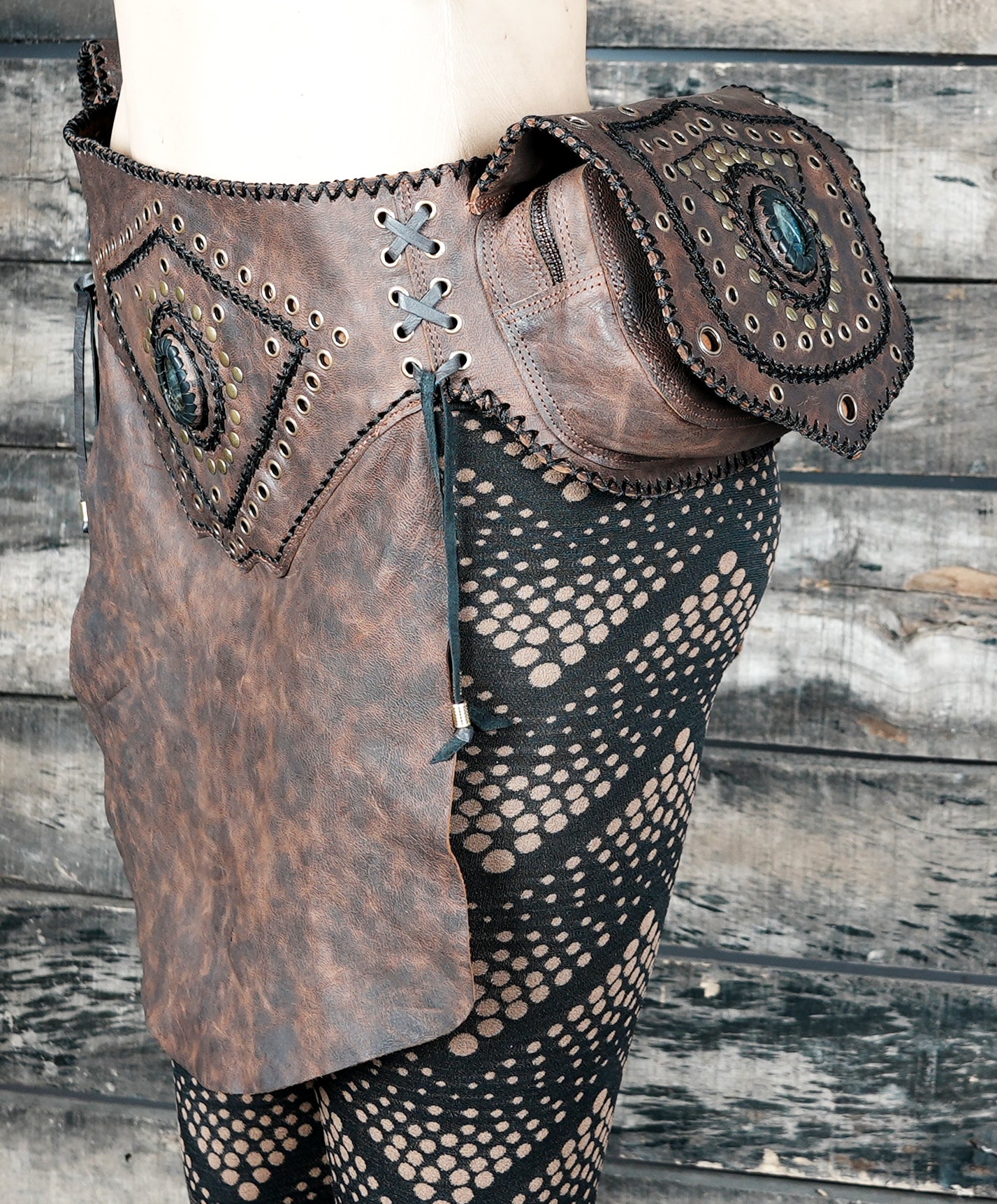 Handcrafted leather skirt waist belt with boho tribal design and side pouches