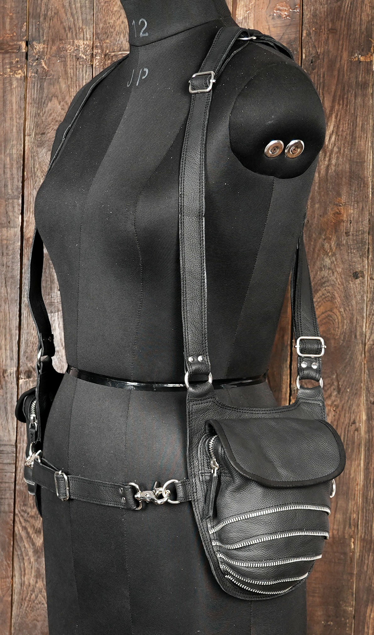 Black Leather Dual Shoulder Holster with Zipper Detailing || Steampunk-Inspired Leather Holster with Dual Pouches (LT-NS-HLS-6010)