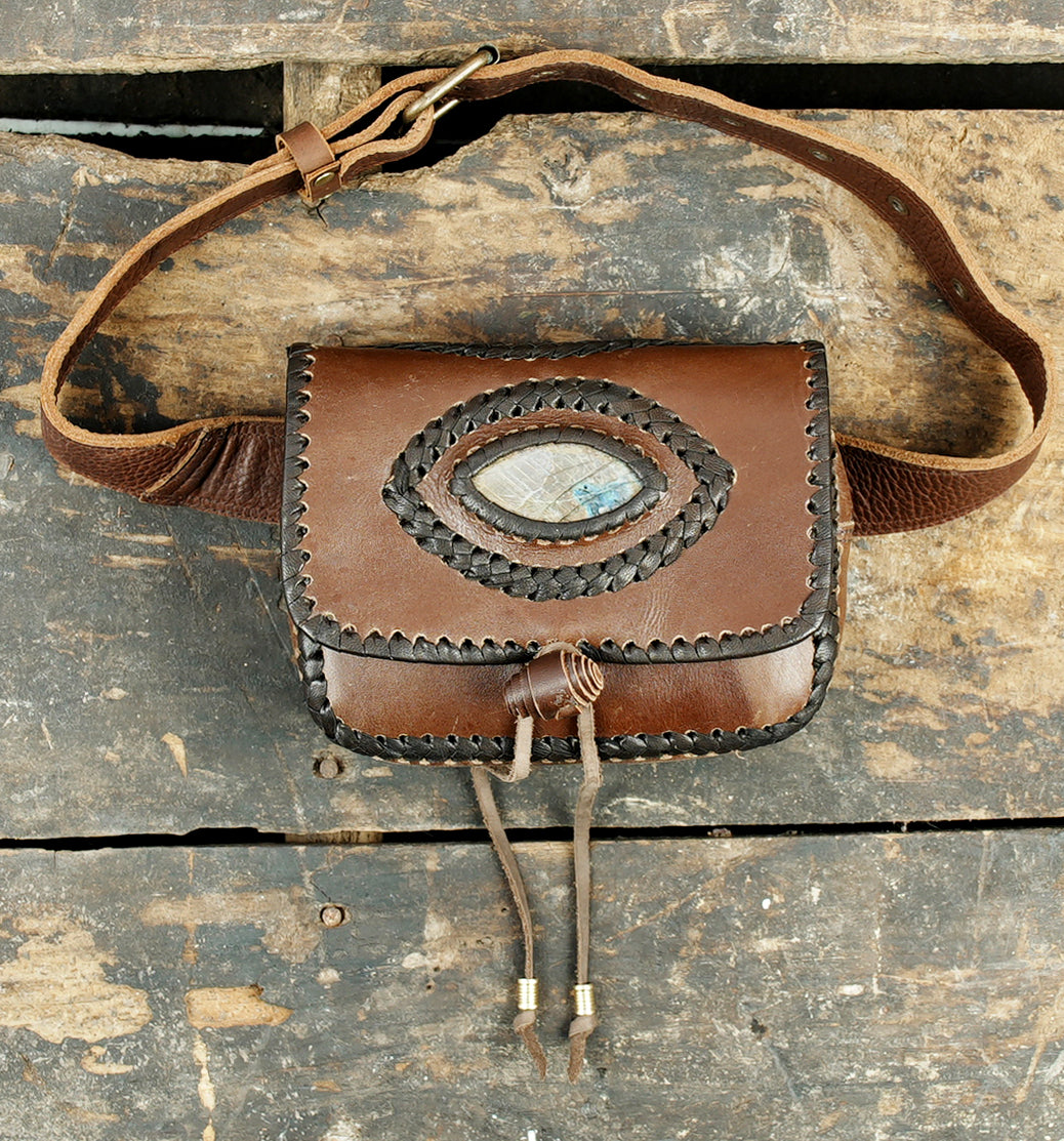 Handmade Black Leather Waist Belt with Labradorite Stone (LT-AB-WB-6163)