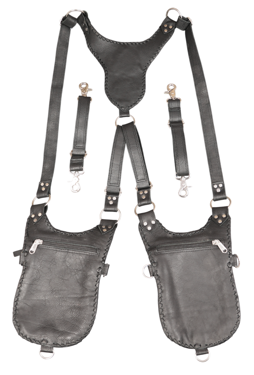 Steampunk inspired black leather utility holster with silver hardware