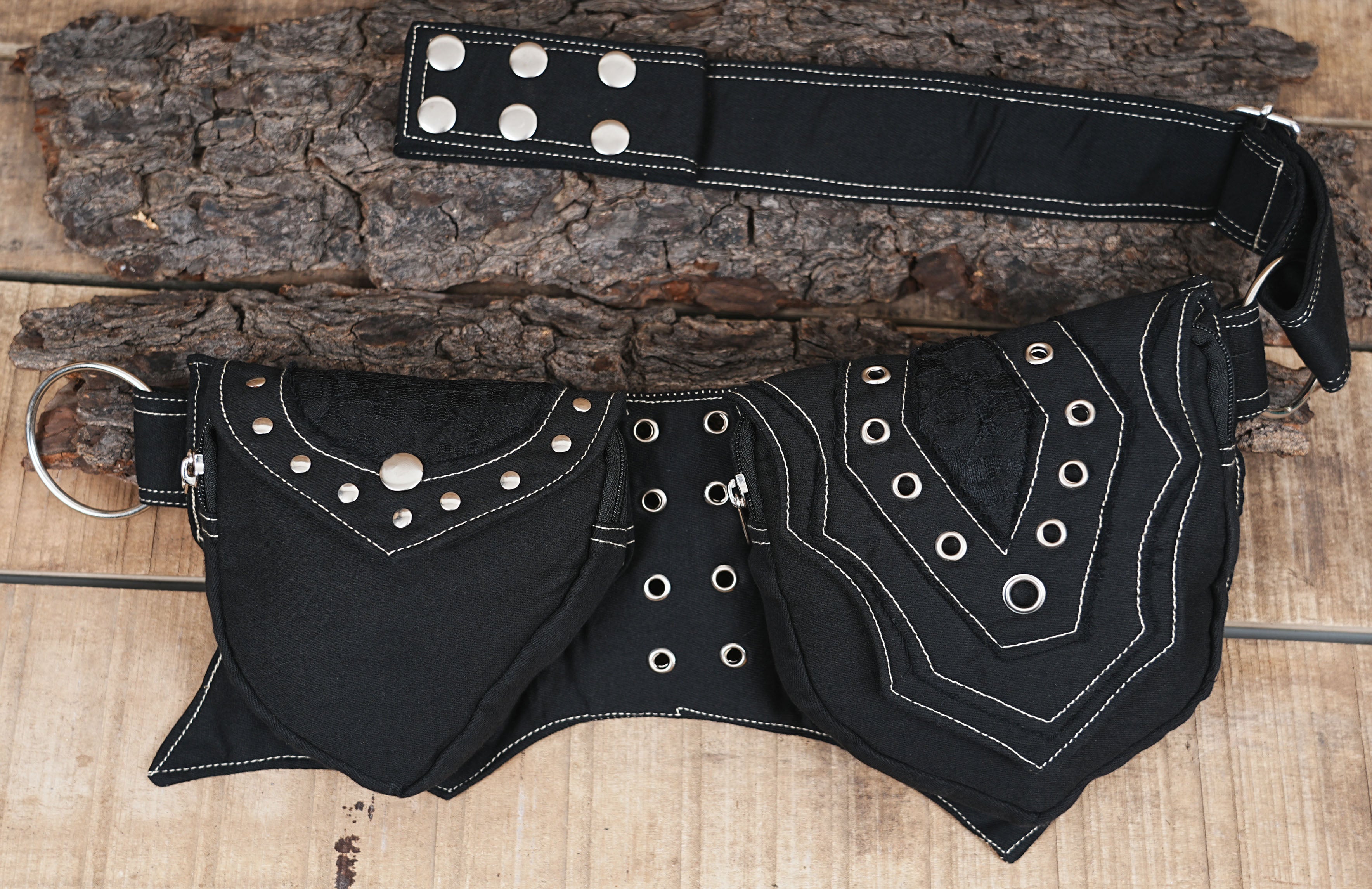 Gothic or steampunk inspired black hip bag utility belt with silver studs and D-rings.