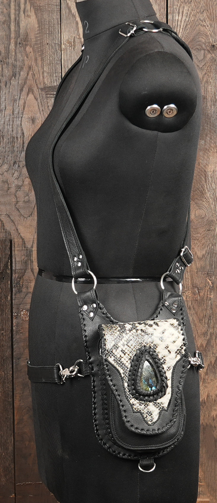 Unique gothic cosplay leather harness with gemstone inserts and rivets