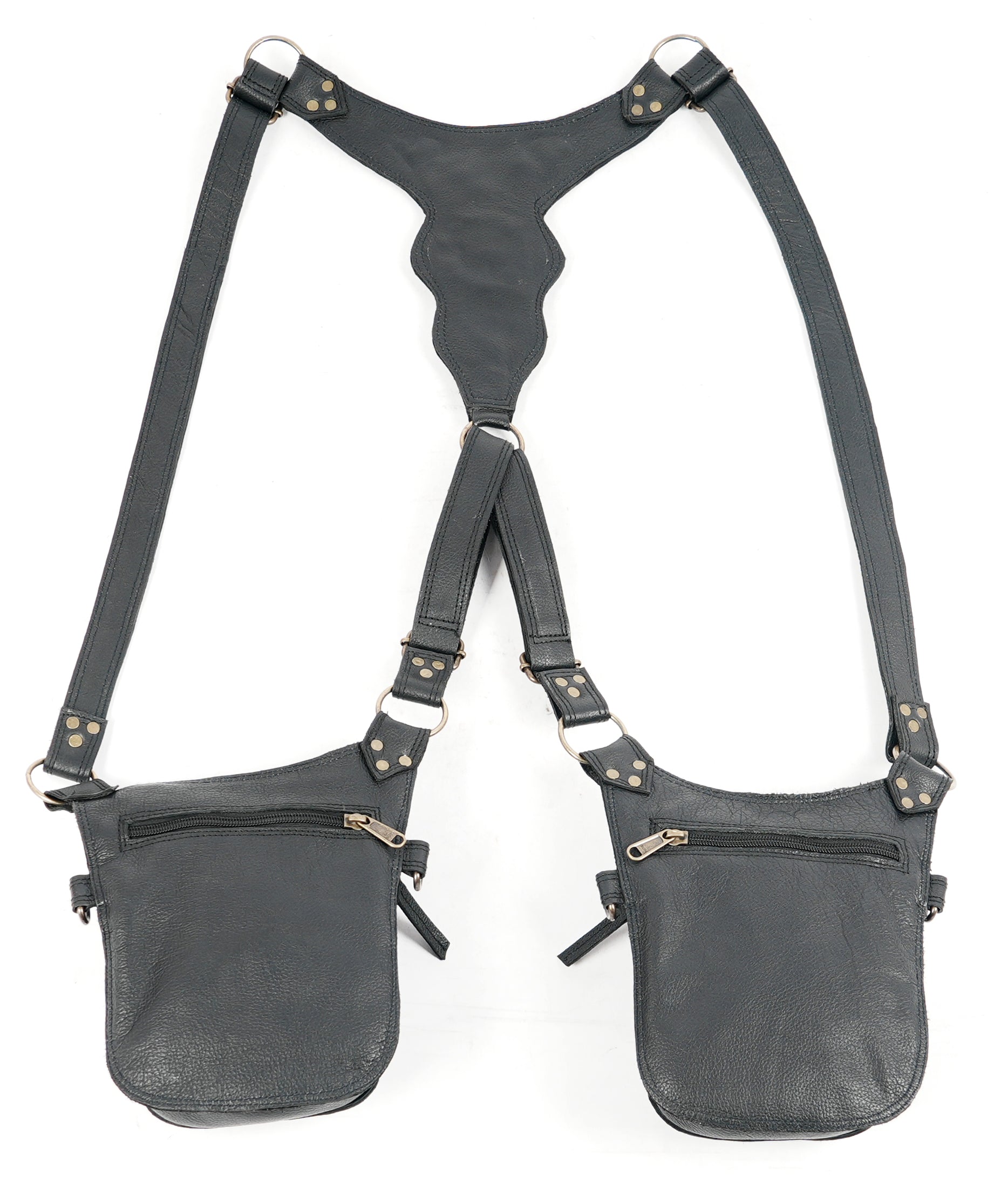 Decorative leather holster with dual pockets and metal studs