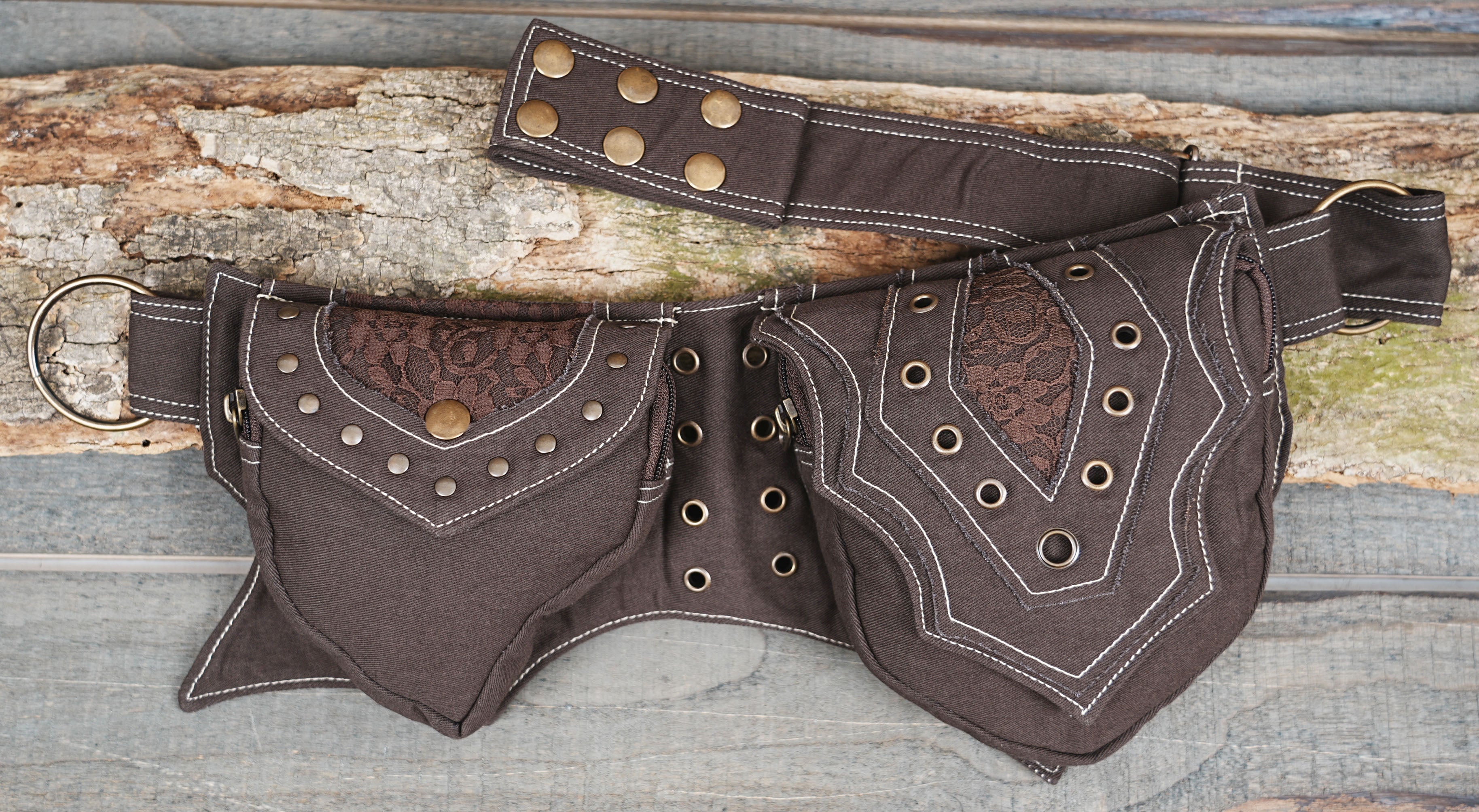 Boho black waist belt bag with decorative metal eyelets and studs