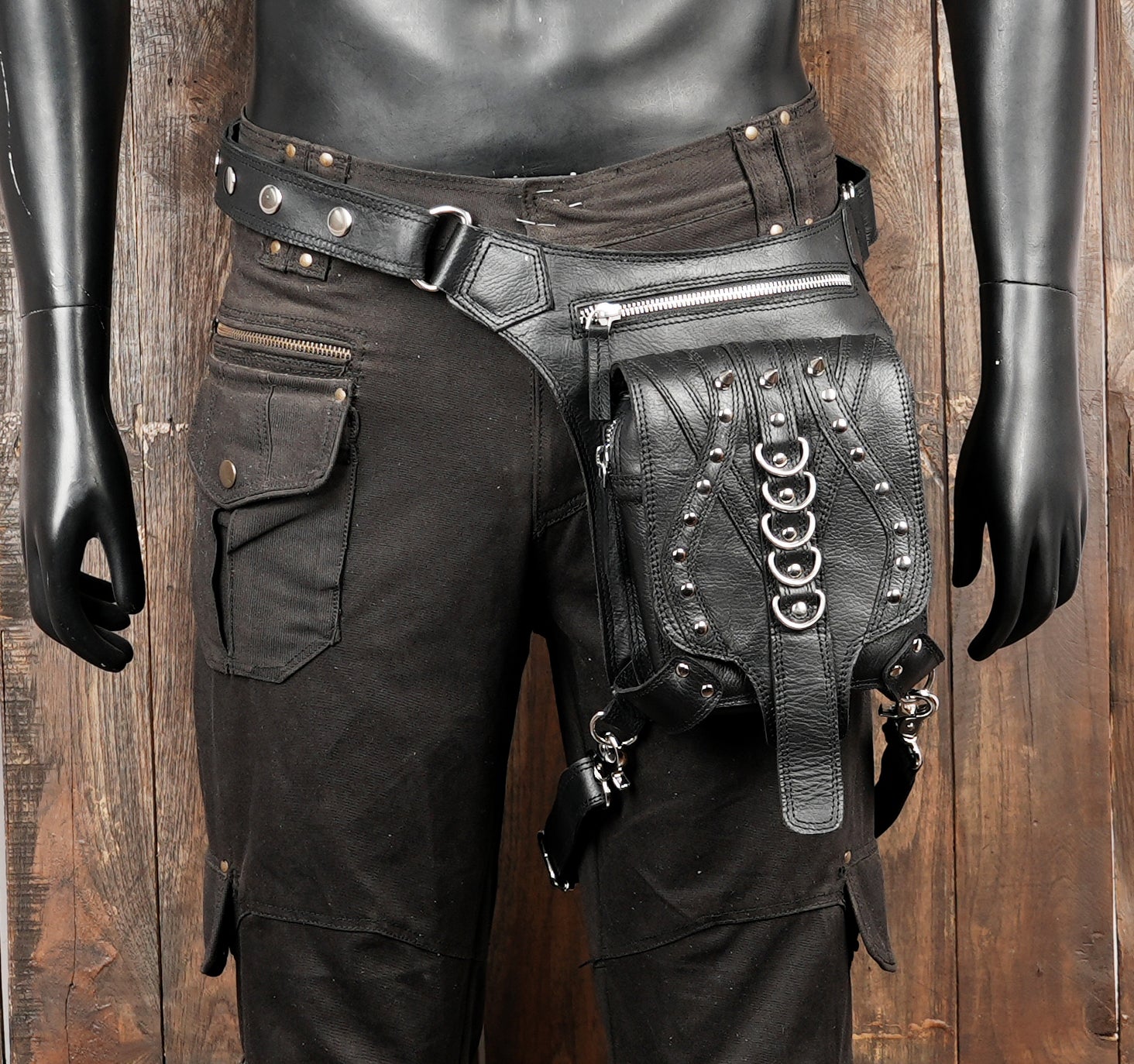 Leather thigh strap belt connected to adjustable waist belt
