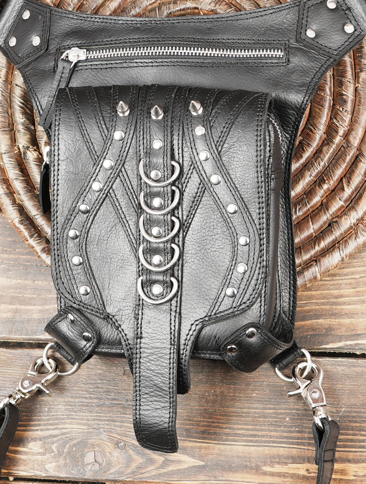 Handmade black leather waist and thigh belt accessory