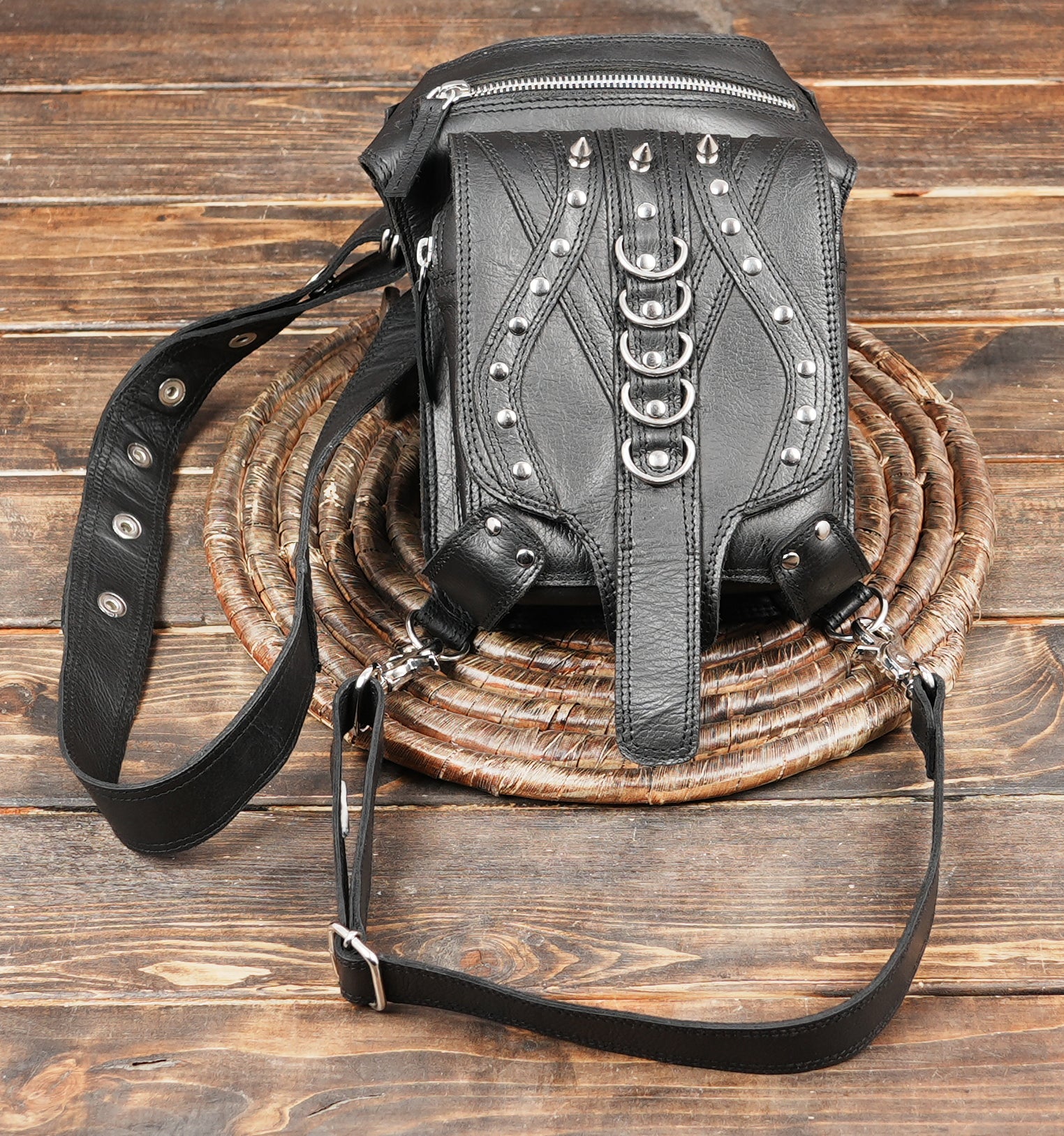 Leather waist thigh belt with silver rings and zipper detail