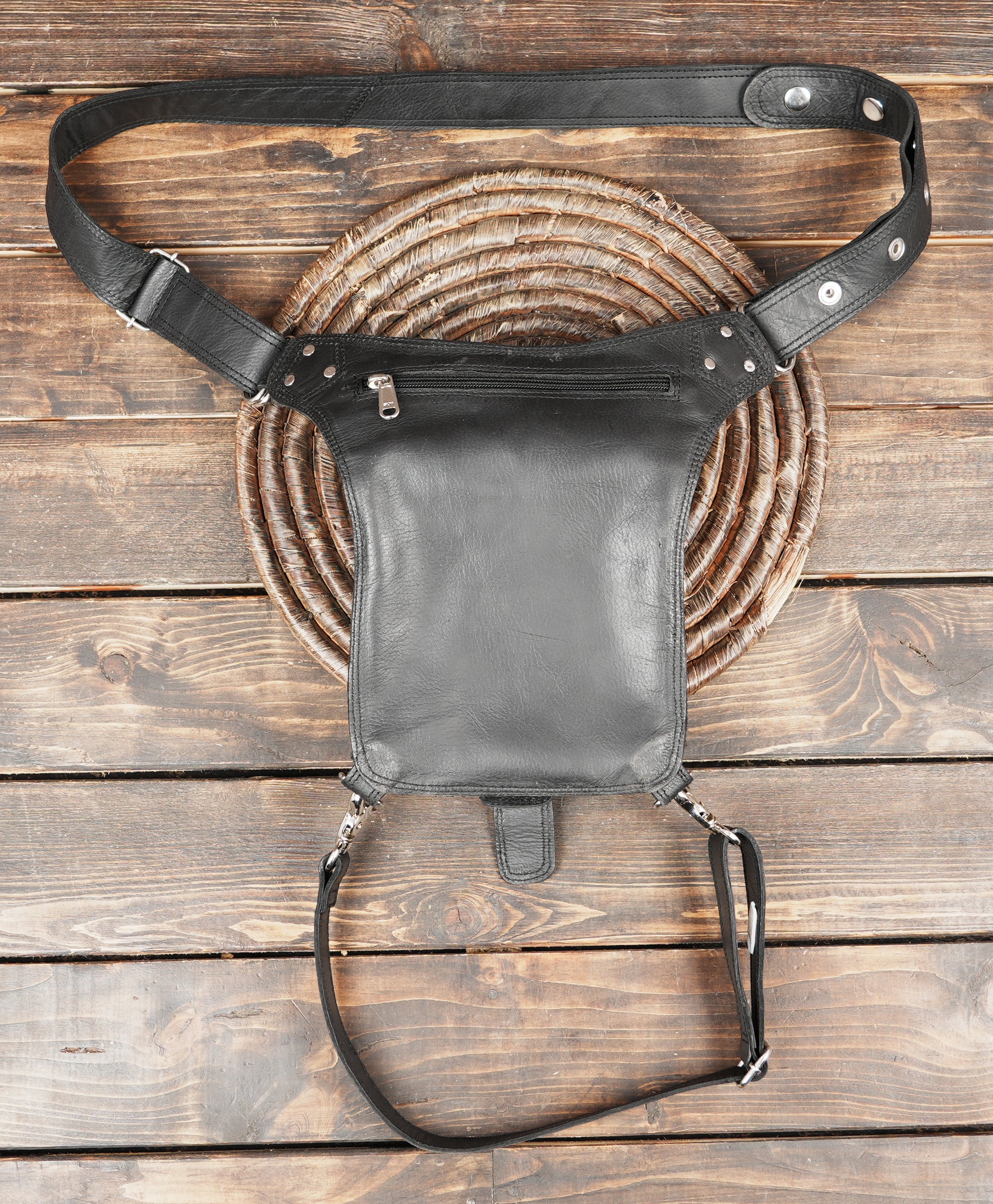 Black leather fashion thigh belt with silver hardware