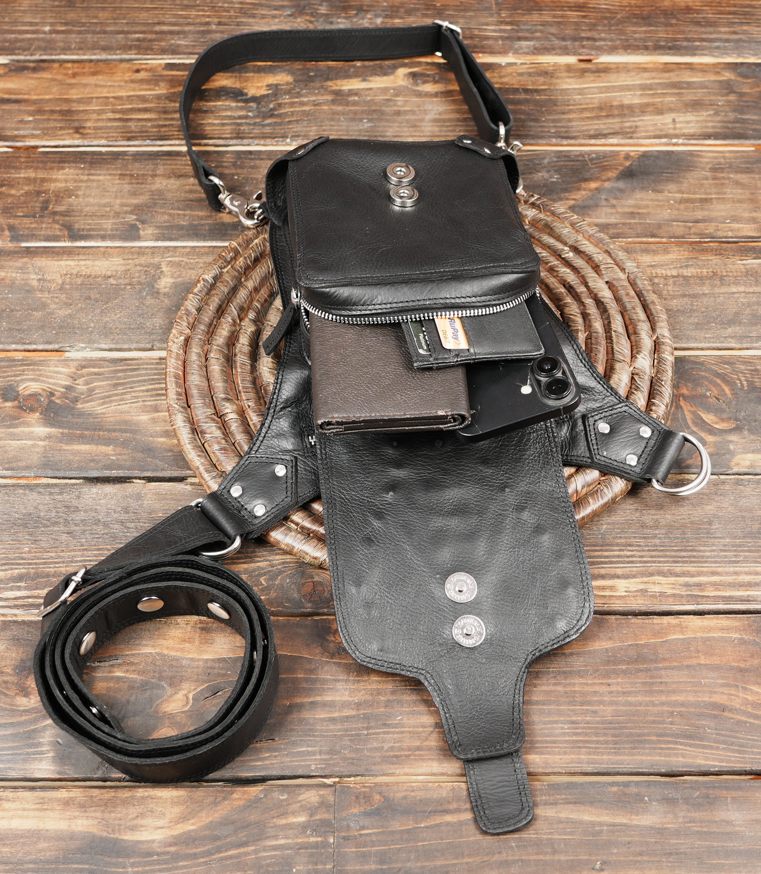 Leather thigh harness belt with waist strap and leg strap