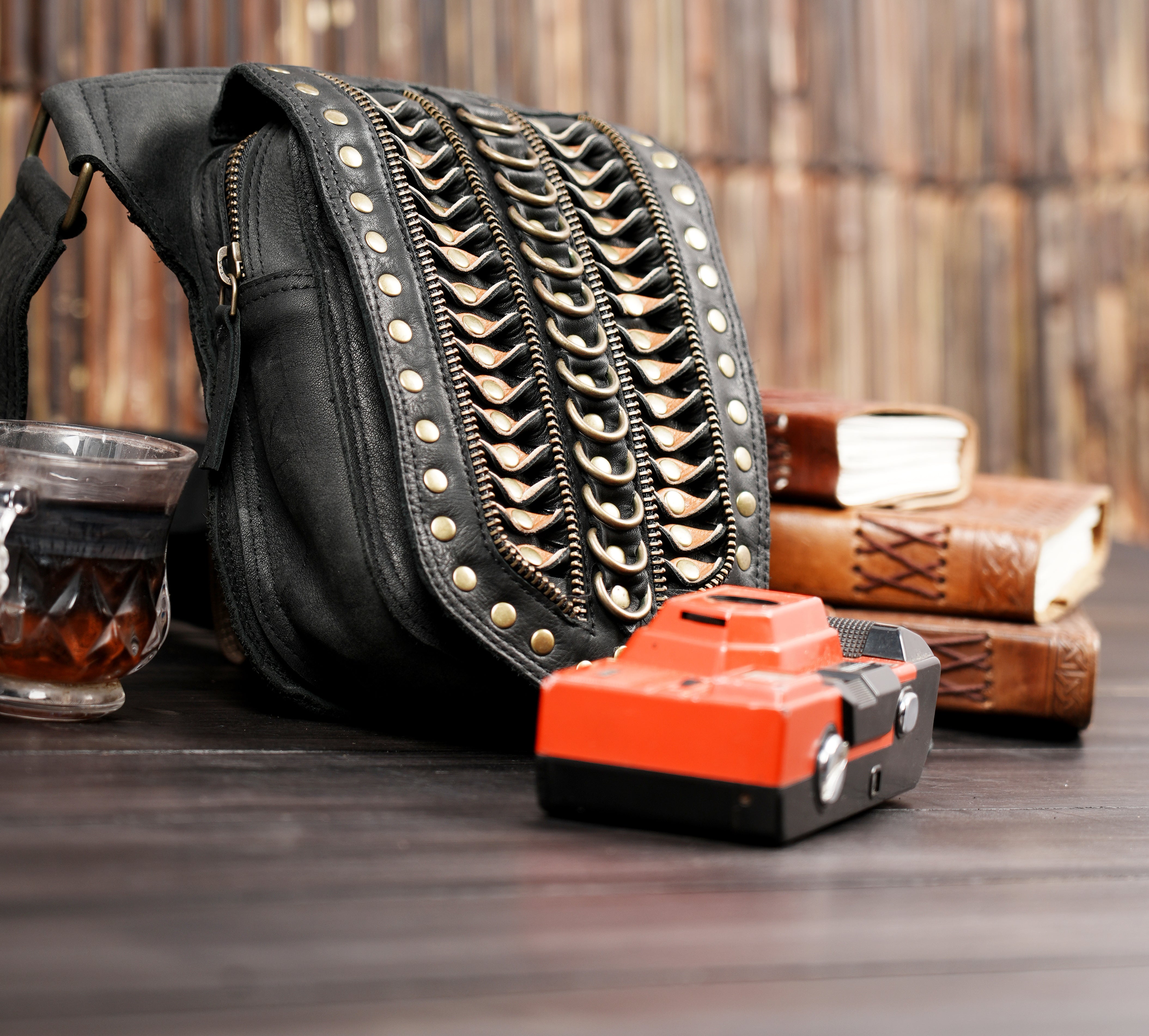 Handcrafted brown leather belt bag.