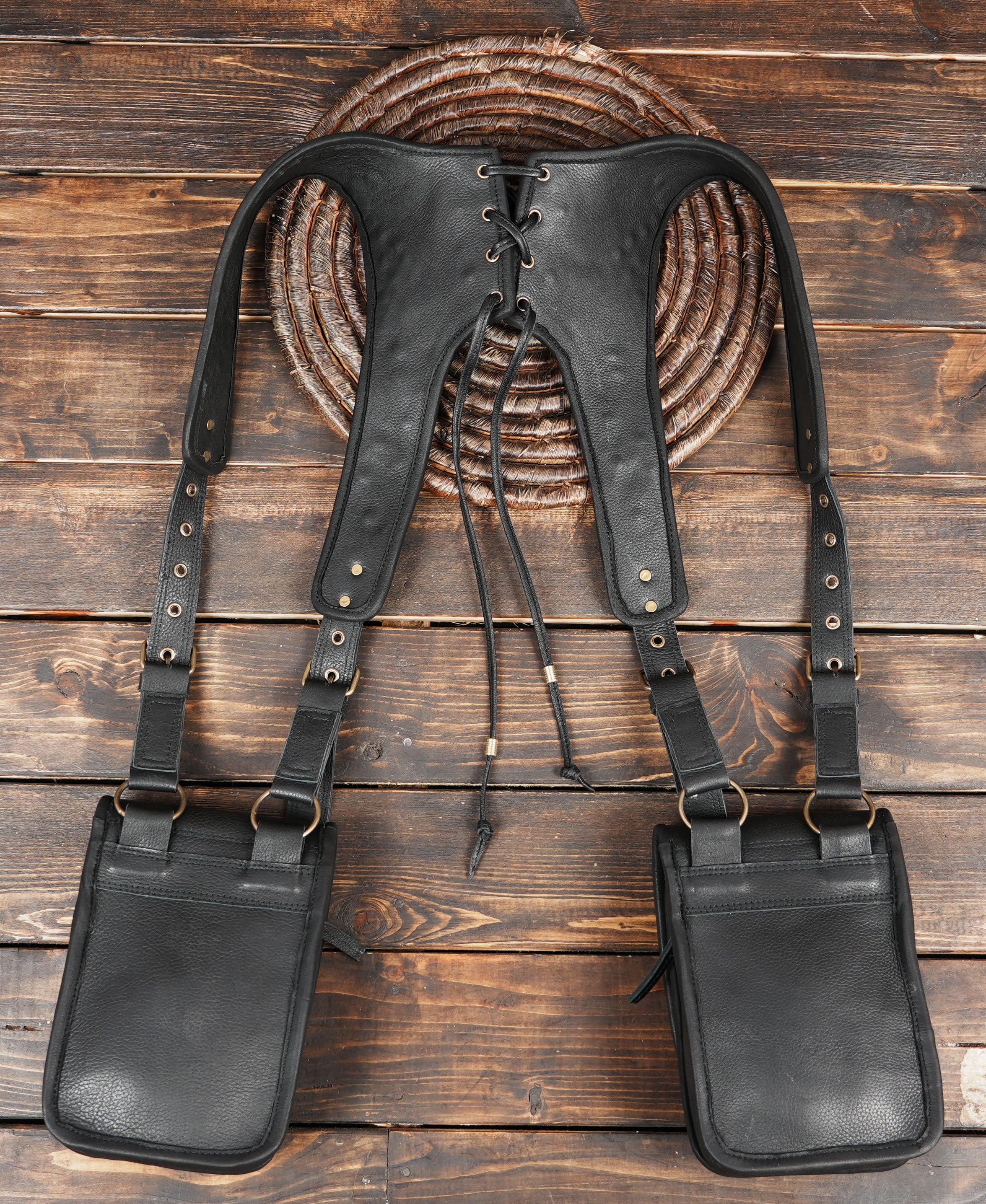 Handmade Leather Holster Belt with Dual Utility Pouches, Steampunk Festival Leather Harness Belt with Gemstone Design, Burning Man Holster with gemstone